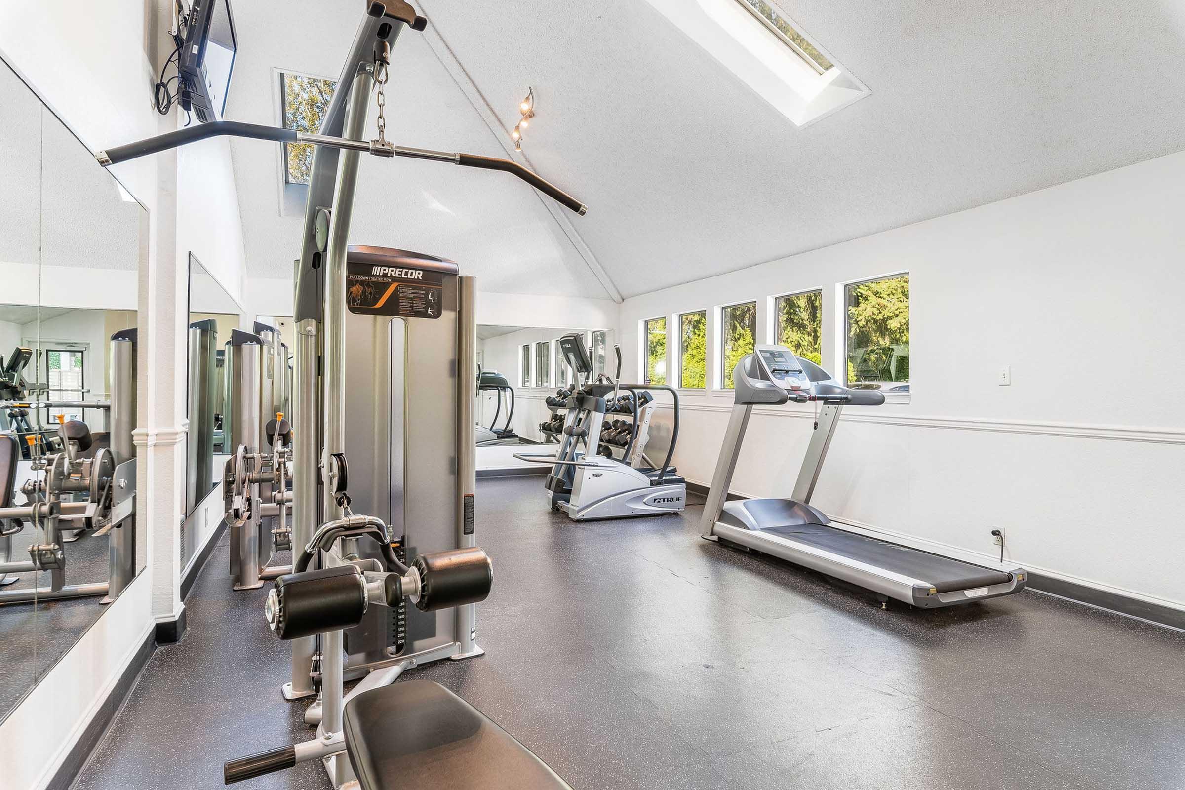 A bright and spacious fitness room featuring various gym equipment, including a cable machine, treadmill, and exercise bikes. Large windows allow natural light to fill the space, enhancing the atmosphere for workouts. Mirrors line the walls, creating a sense of openness.