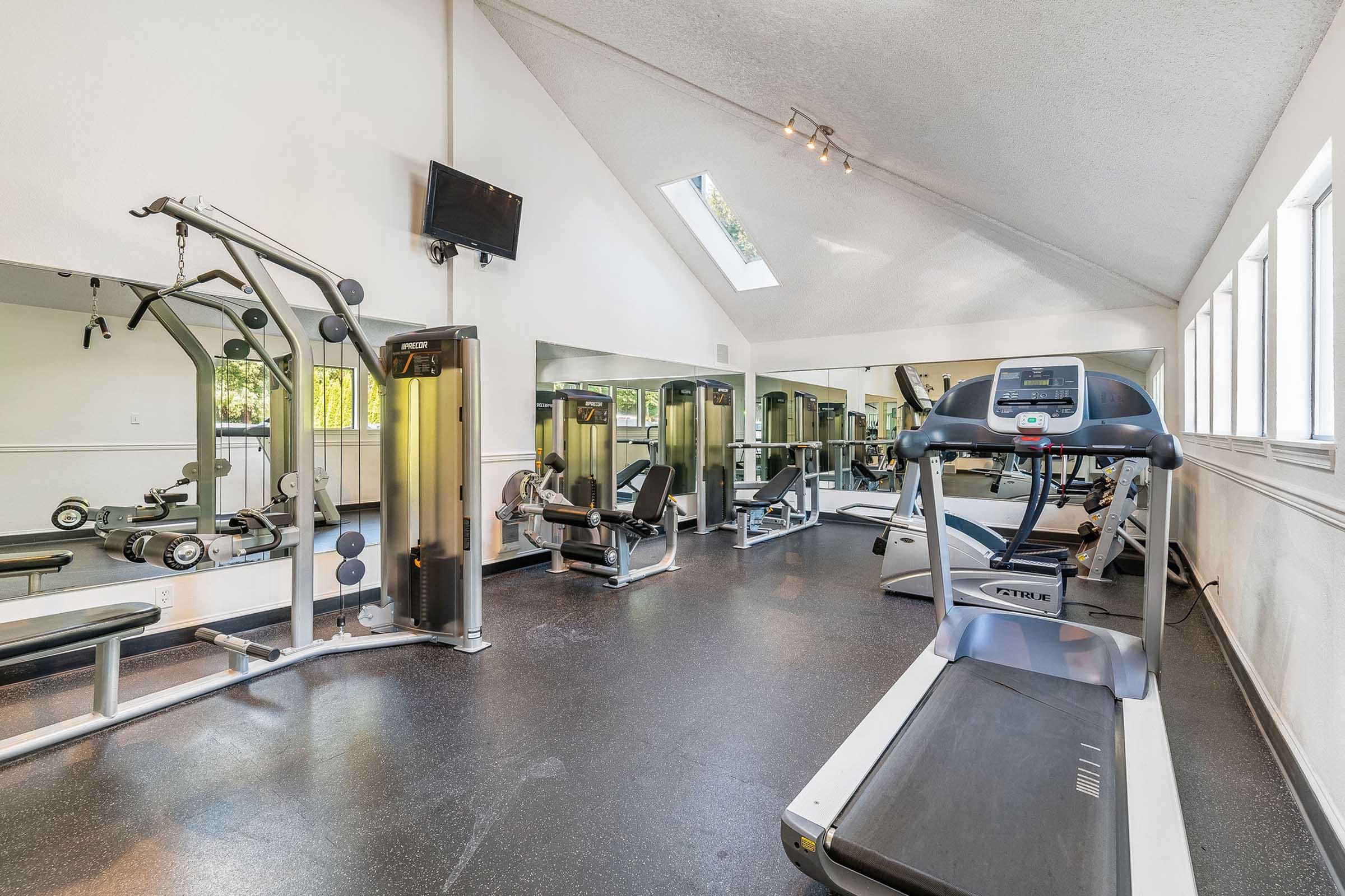 A bright and spacious gym interior featuring various fitness equipment. In the foreground, there's a treadmill, and in the background, a weight machine and exercise benches. Large windows allow natural light to fill the space, complemented by a mounted TV on the wall and mirrors reflecting the workout area.