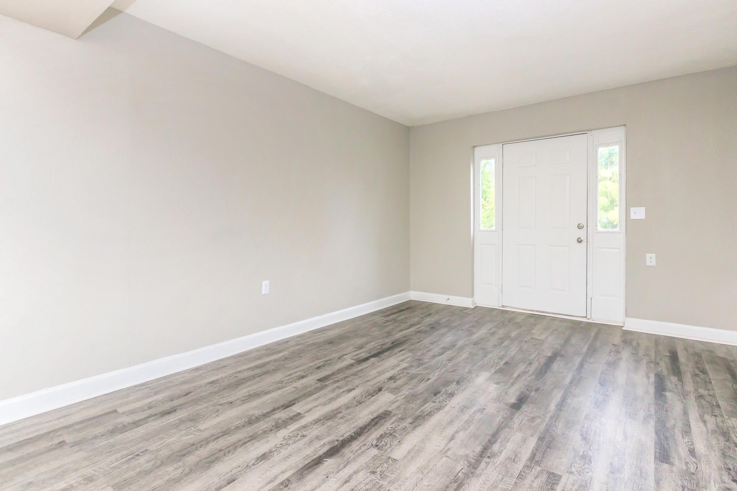 A spacious, empty room with light gray walls and a wooden floor. There is a white door with two sidelights on the right, providing natural light. The room has no furniture and appears freshly painted, creating a clean and minimalist atmosphere.