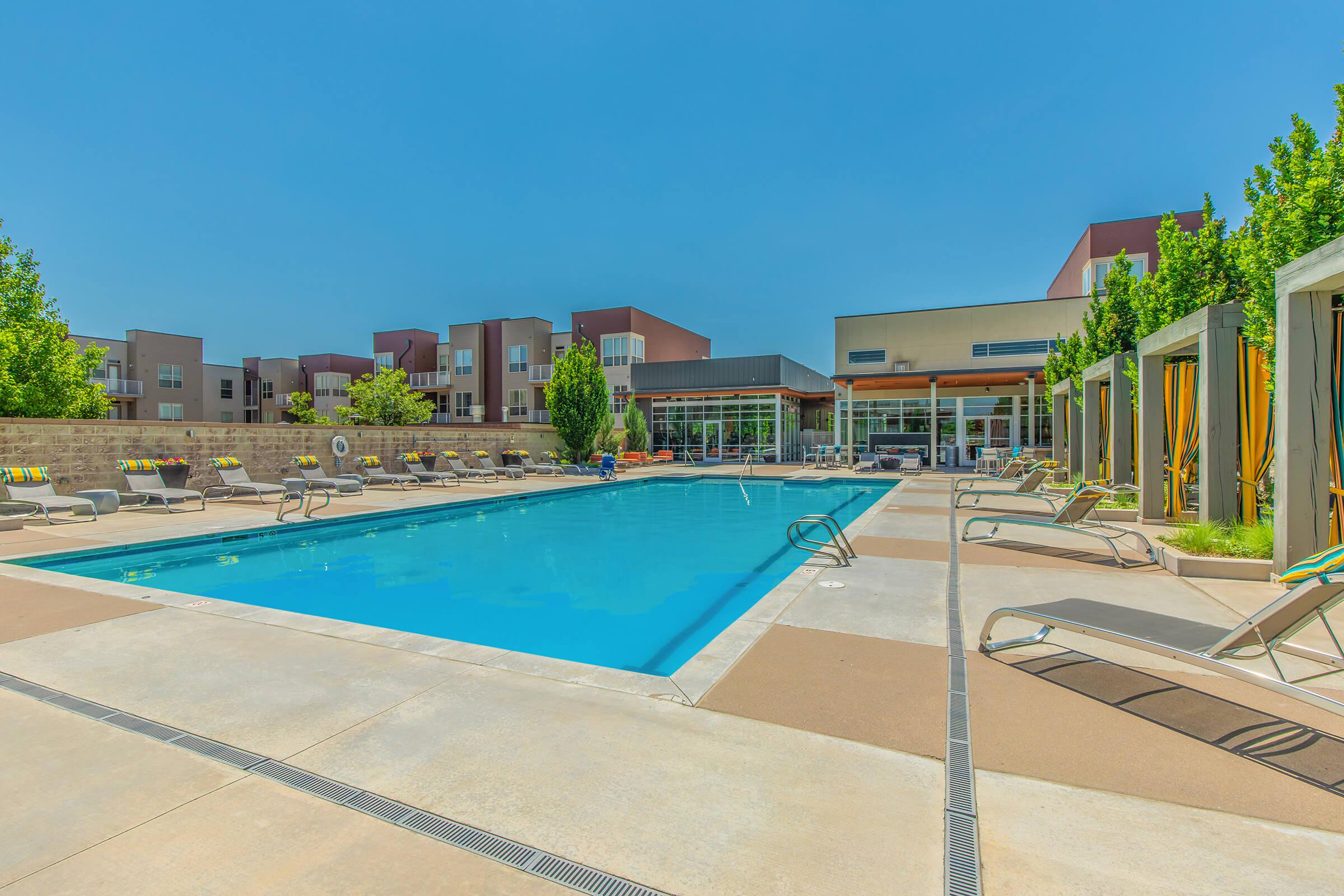 a pool next to a building