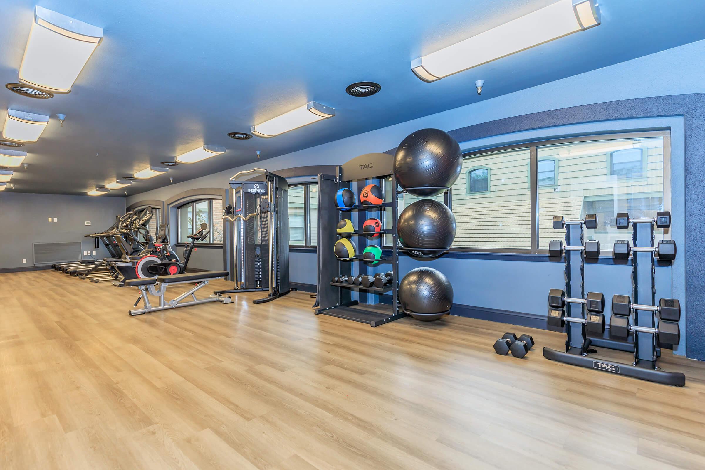 A spacious gym interior featuring exercise equipment, including a variety of weights, resistance bands, and exercise balls. The room has large windows allowing natural light in, a wooden floor, and blue walls, creating a bright and inviting workout environment.