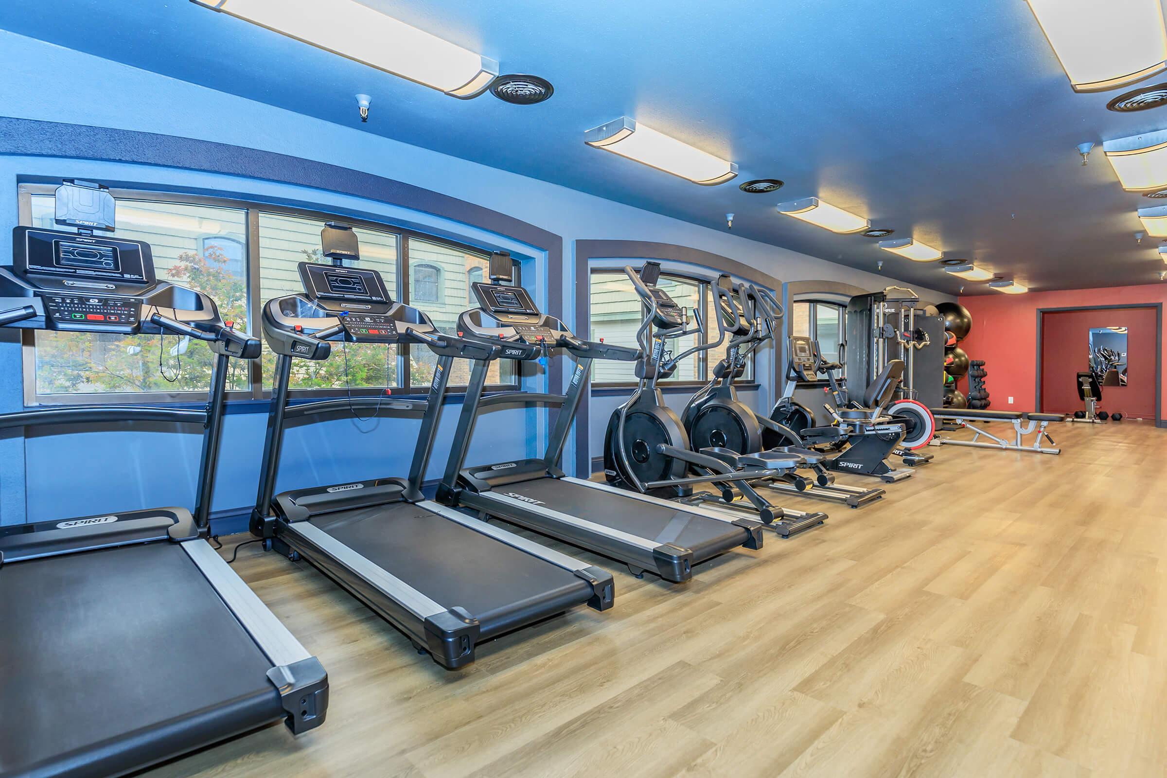 A bright and modern gym interior featuring several treadmills and exercise equipment. The space has large windows allowing natural light, and the walls are painted in calming blue tones. The flooring is light wood, creating a welcoming atmosphere for workouts.