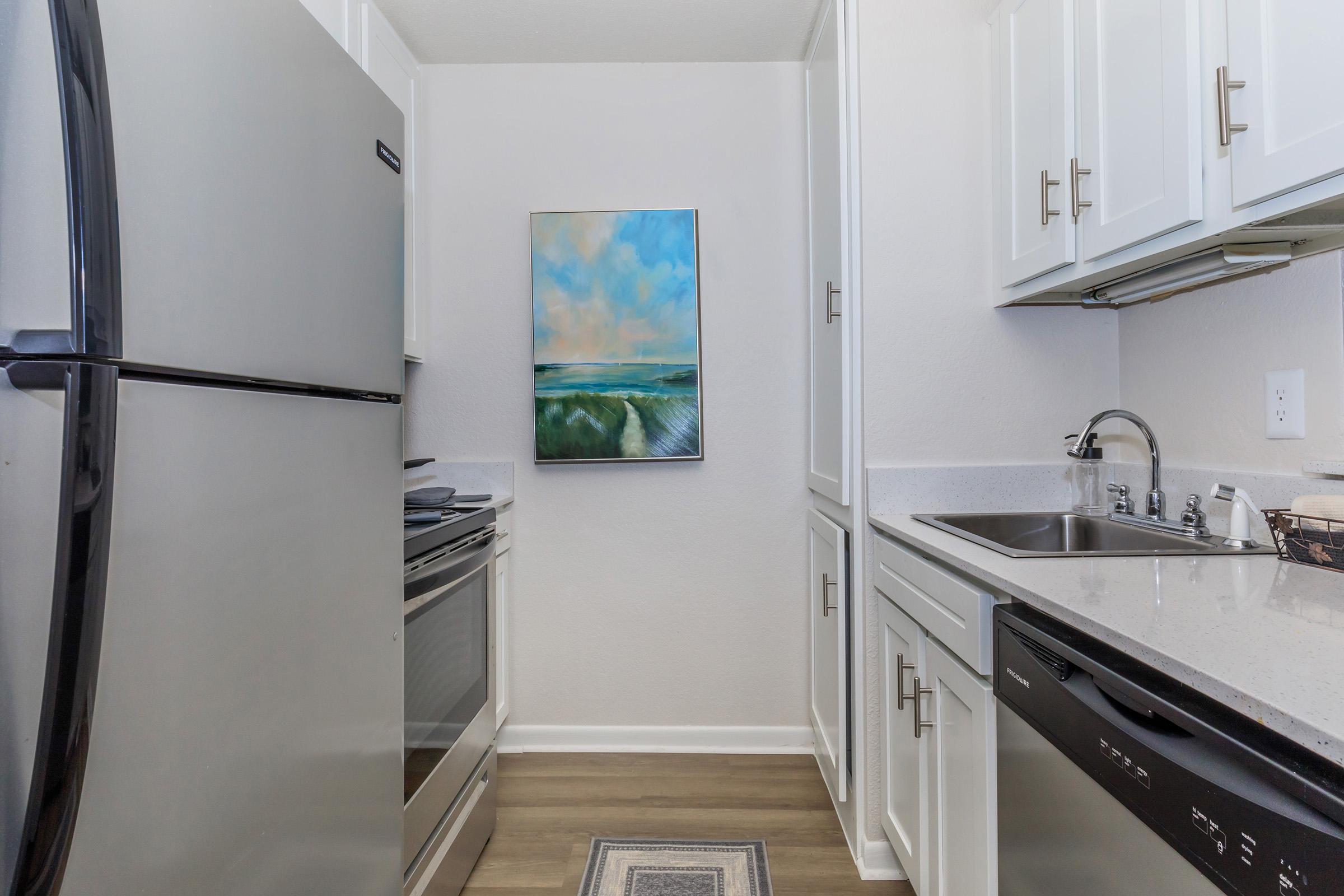 A modern kitchen featuring stainless steel appliances, including a refrigerator and an oven. The cabinets are white with sleek handles, and a small artwork depicting a coastal scene hangs on the wall. The countertop is light-colored with a sink and a dishwasher, and a patterned rug is placed on the floor.