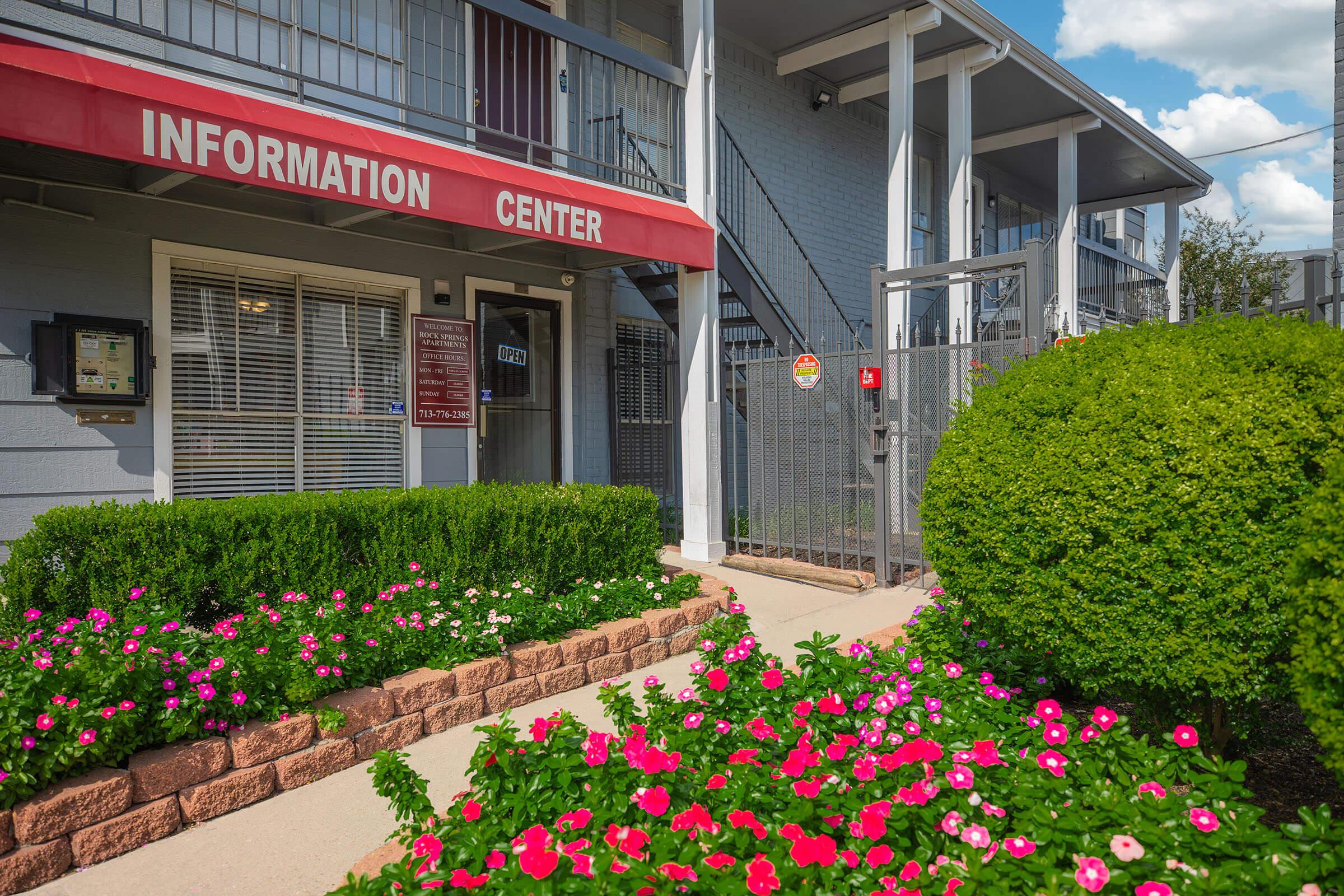 a close up of a flower garden in front of a building