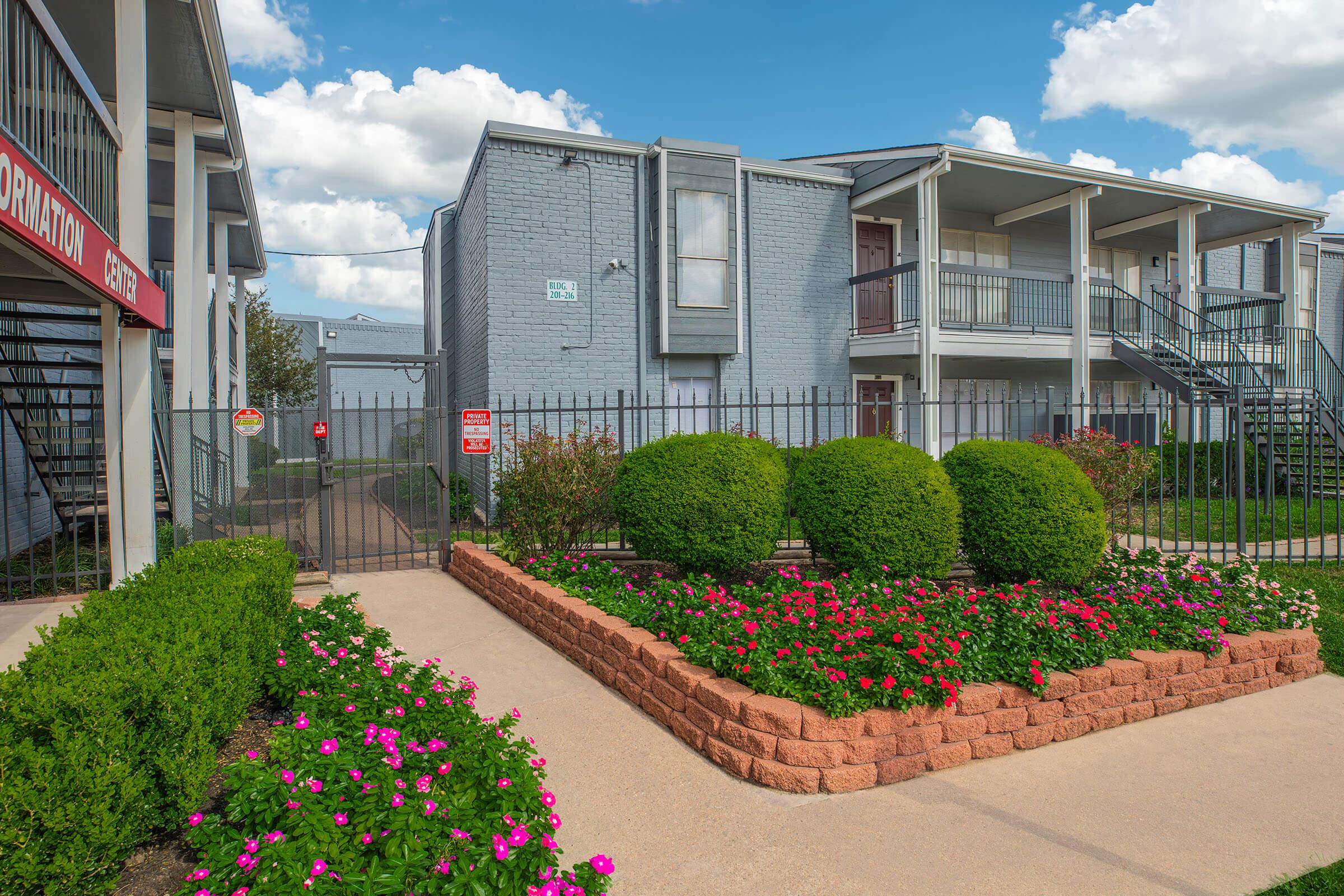 a close up of a flower garden in front of a building