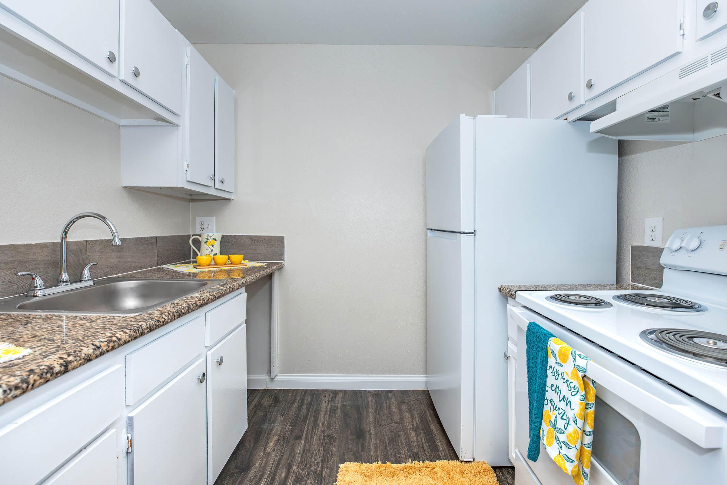 a kitchen with a stove sink and refrigerator