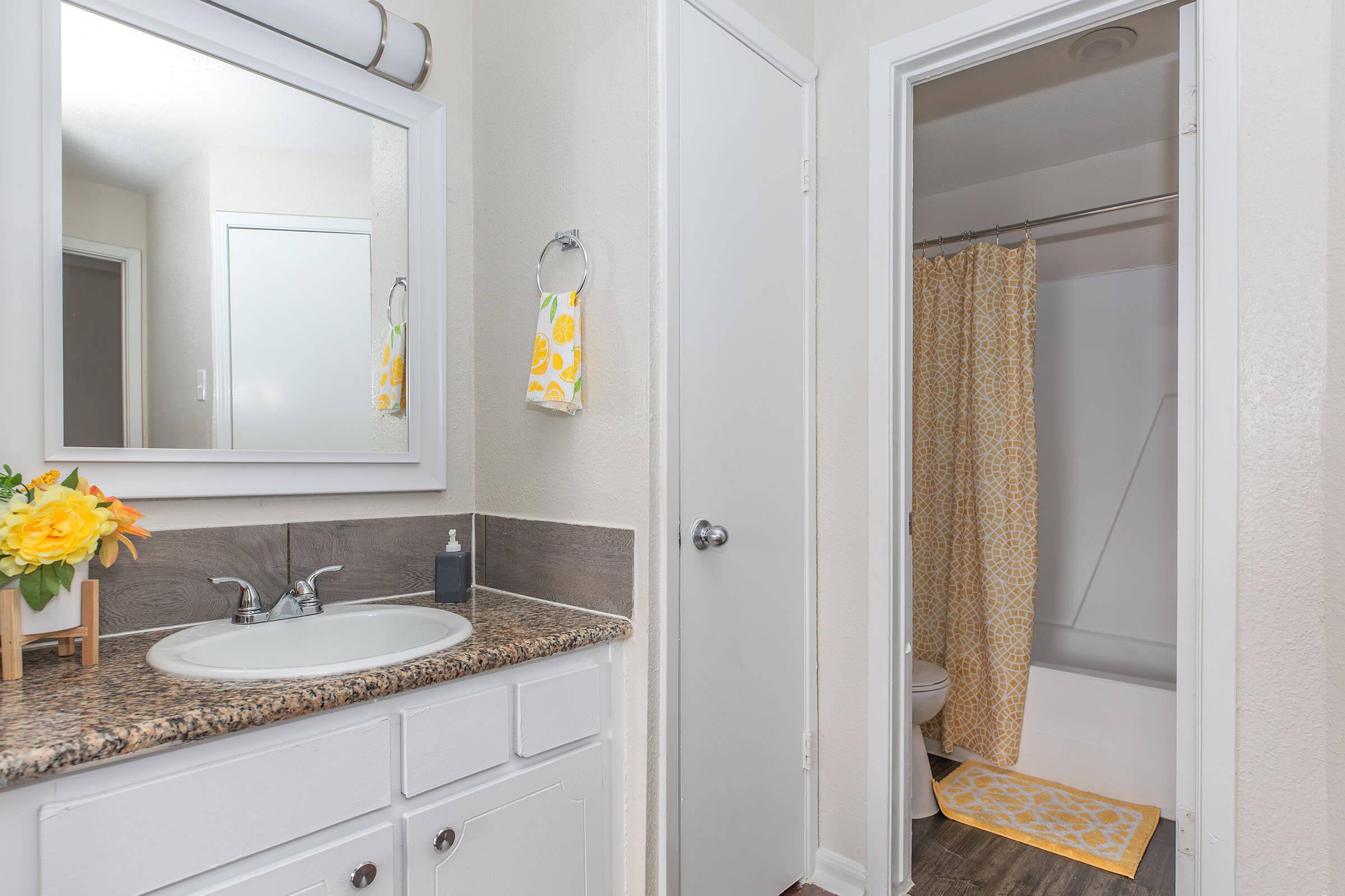 a kitchen with a sink and a mirror