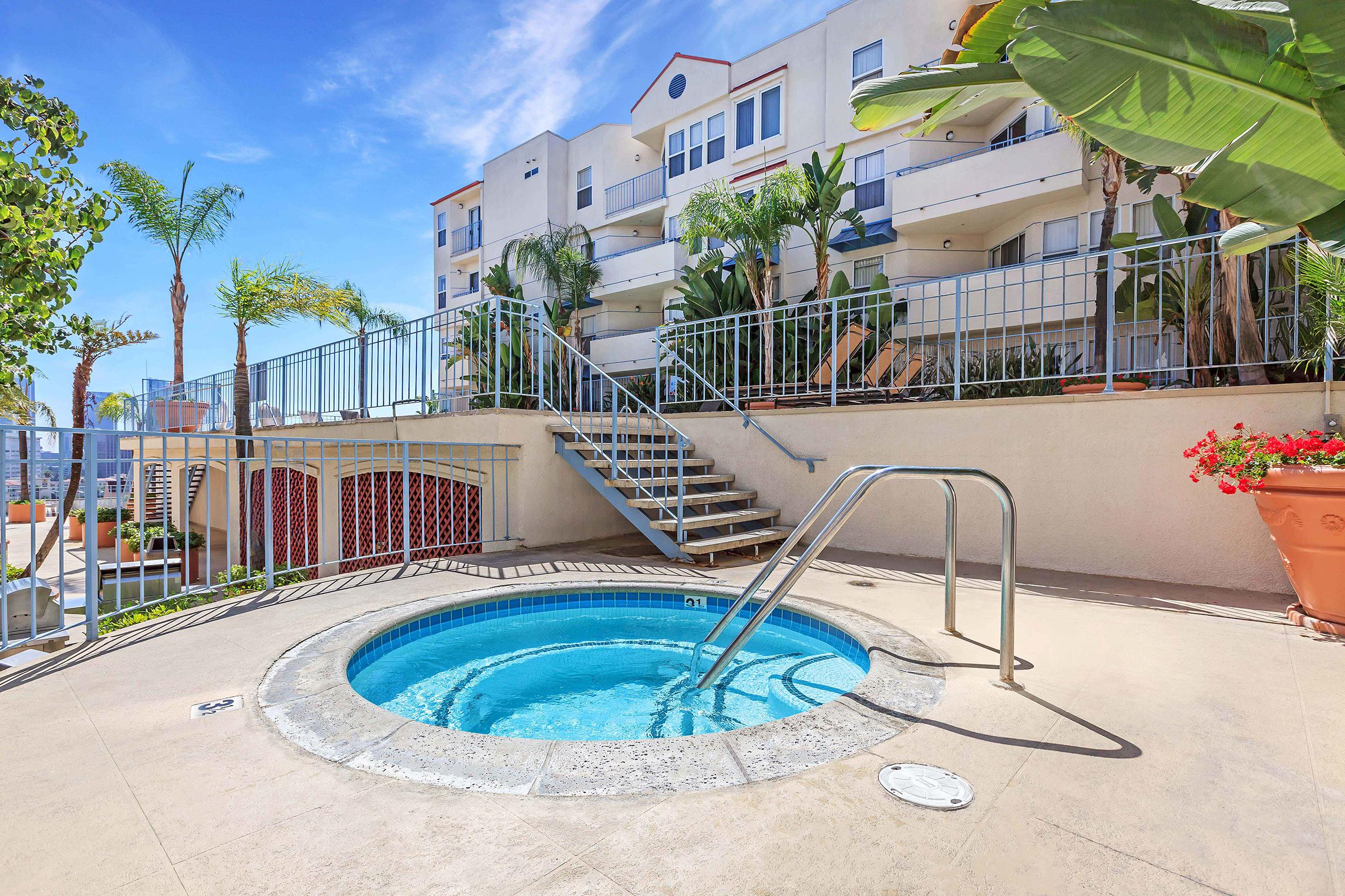 a pool outside of a building