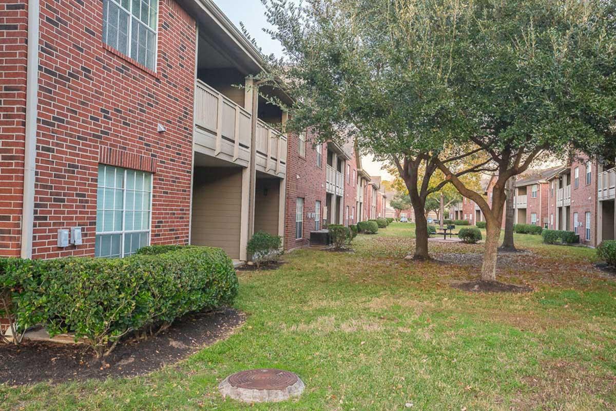 A view of a residential complex featuring brick buildings with balconies, surrounded by well-maintained lawns and shrubs. Two trees provide shade in the grassy area, creating a pleasant outdoor space. The scene is peaceful and conveys a sense of community.