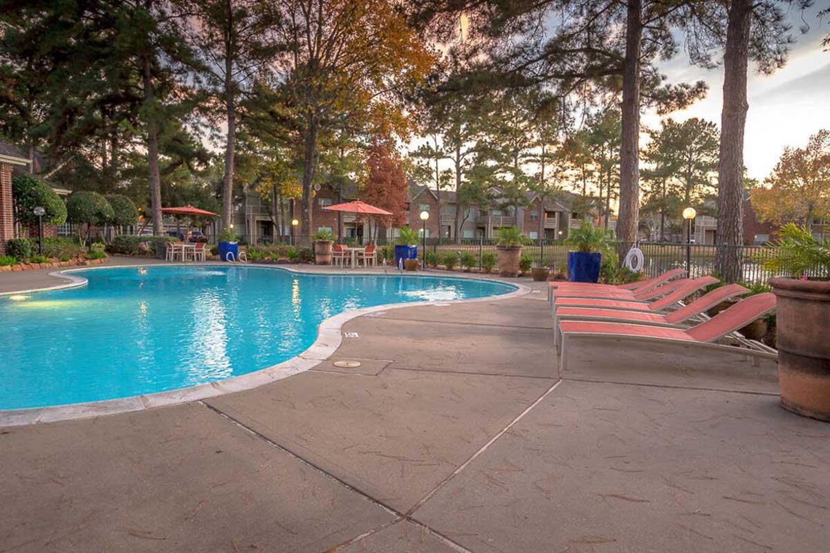 A serene outdoor pool area surrounded by tall trees, featuring lounge chairs and patio tables. The pool is inviting with clear blue water, and there are red umbrellas providing shade on the deck. The setting exudes a peaceful atmosphere, ideal for relaxation and leisure.