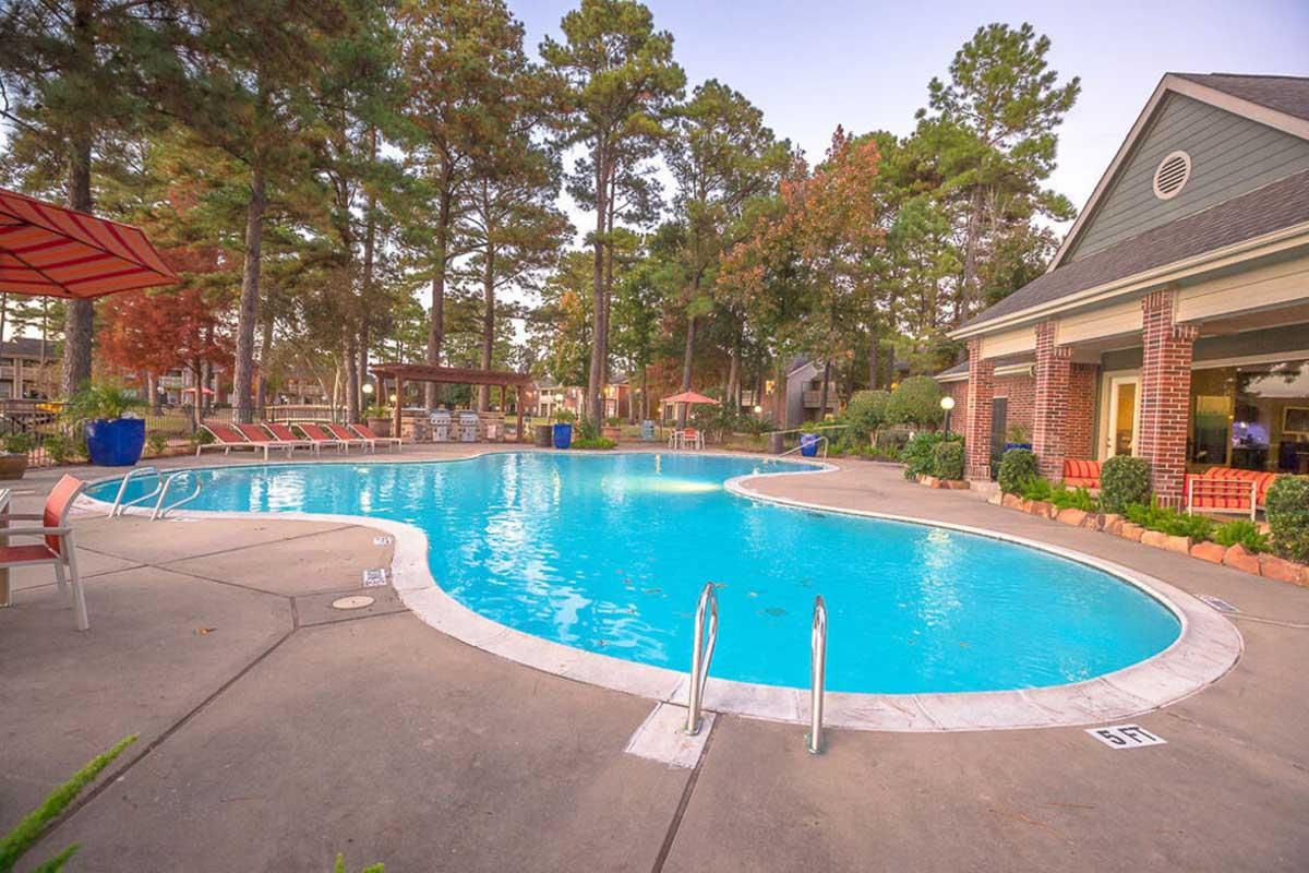 A serene outdoor pool area surrounded by trees, featuring a curved, crystal-clear blue pool with lounge chairs and umbrellas nearby. The setting includes a cozy building in the background, creating a relaxing atmosphere for leisure and recreation.