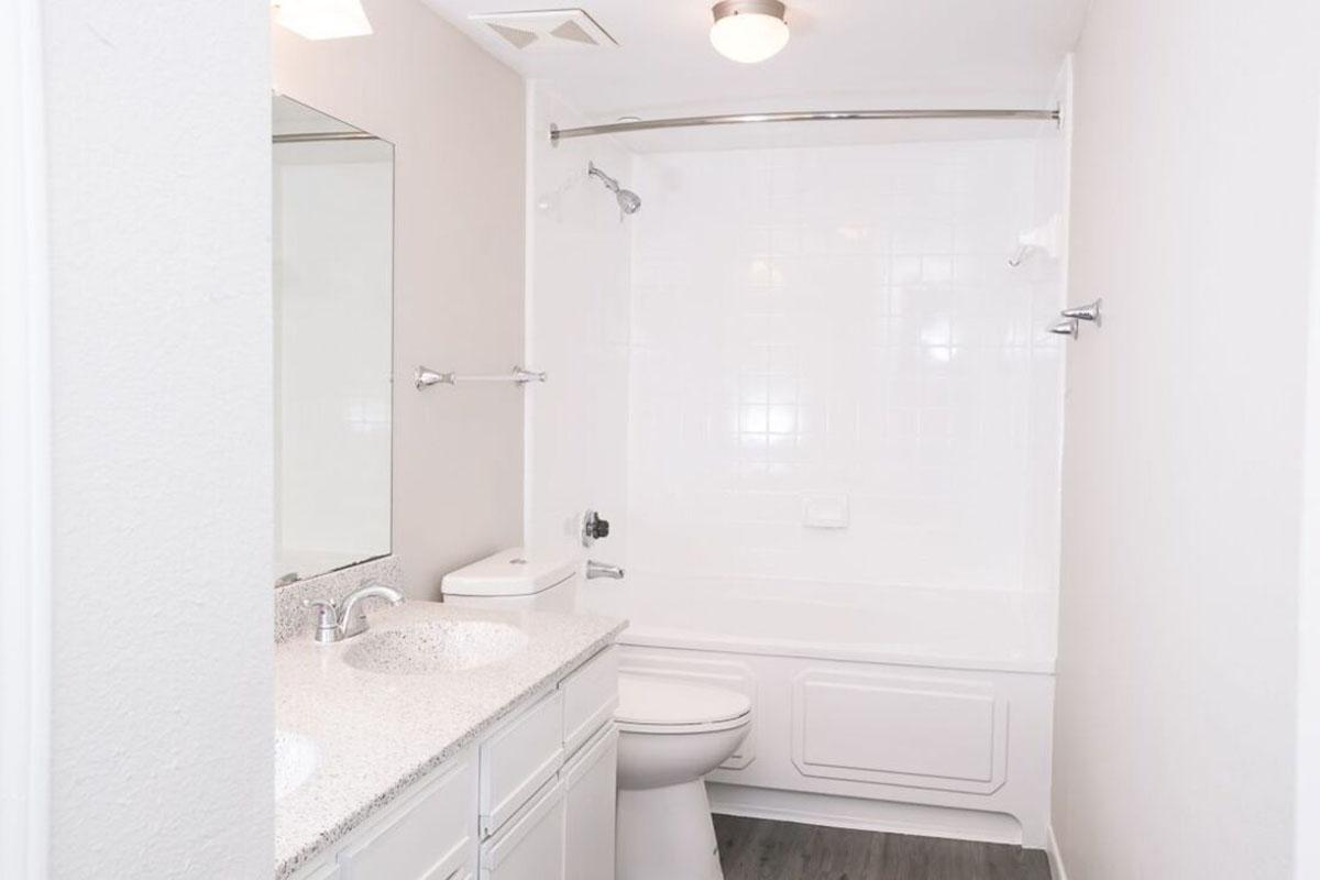 Bright, modern bathroom featuring a white bathtub and shower combination, gray walls, a large mirror, and a light-colored countertop with a sink. Simple fixtures and a neutral color palette create a clean, fresh look. The floor has a wood-like appearance, adding warmth to the space.