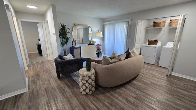 A cozy living room featuring a beige sofa with decorative pillows, a dark armchair, and a coffee table made of logs. The space has light wood flooring, a large mirror, a lamp, and a plant. In the background, there are two doors leading to other rooms and a laundry area with a washer and dryer. Natural light fills the room.