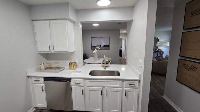 A modern kitchen with white cabinets and a stainless steel sink. There is a dishwasher next to the sink, with marble countertops. The background shows a doorway leading to a well-lit living area with decorative artwork on the walls. The overall design is sleek and contemporary.