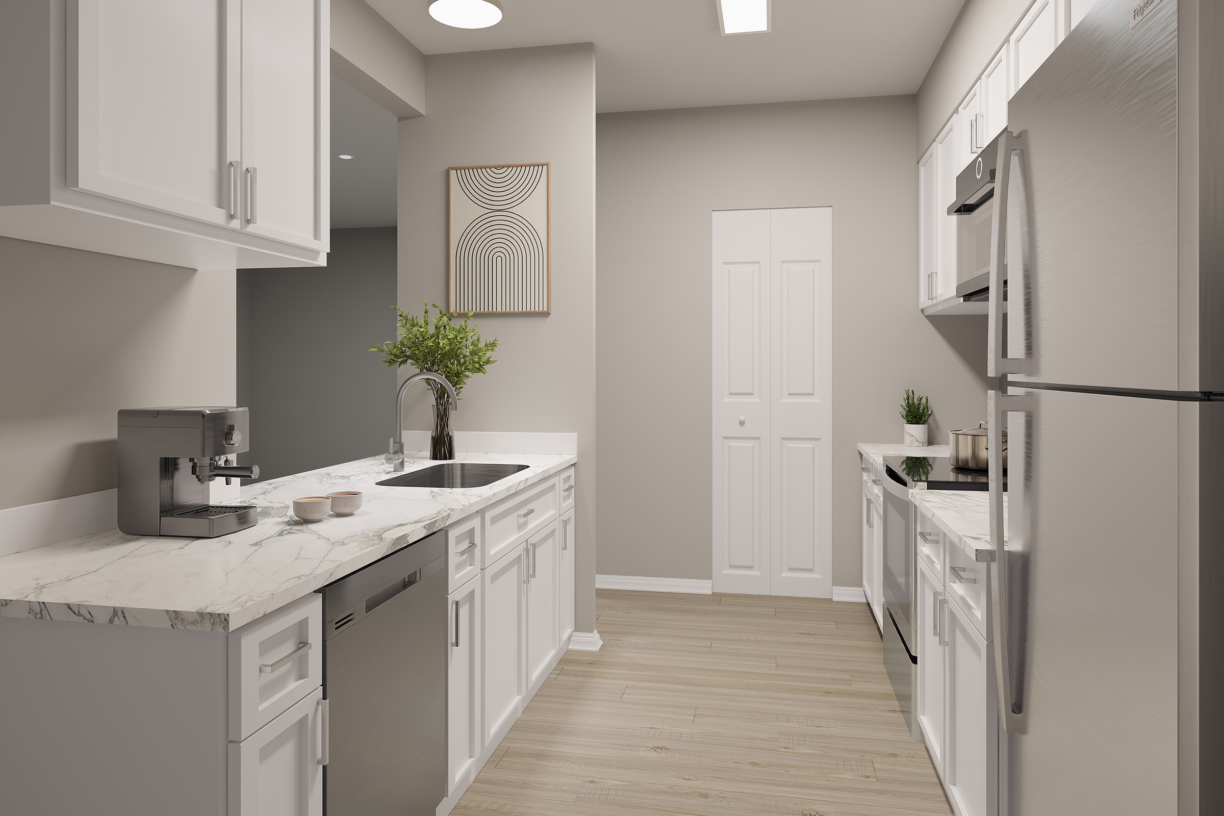 A modern kitchen featuring white cabinetry, a marble countertop, stainless steel appliances, and light wood flooring. The space includes a coffee maker on the counter, a sink, and decorative plants. A minimalist wall art piece is displayed above the countertop, adding a stylish touch to the room.