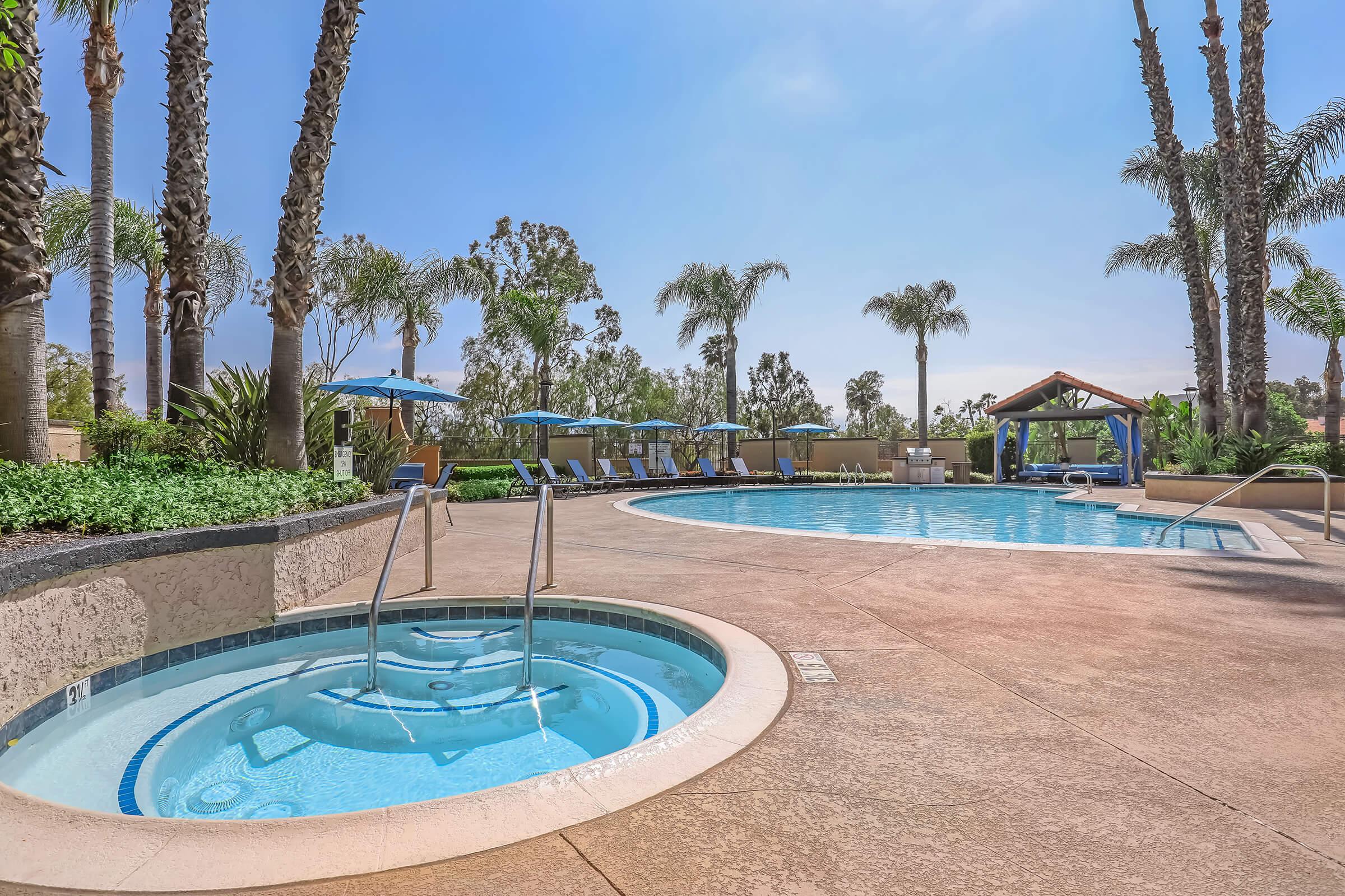 a pool next to a palm tree on a beach