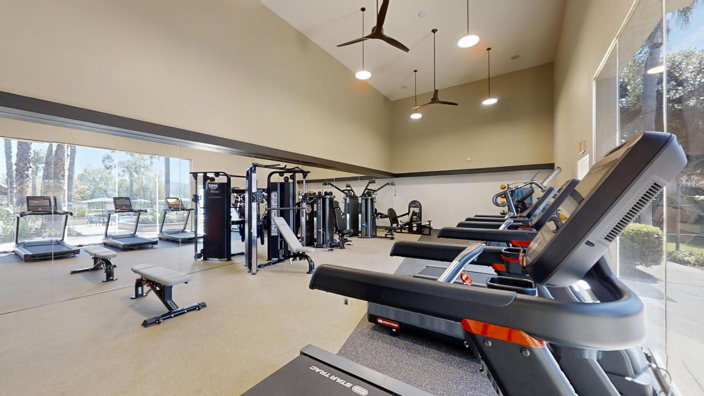 A well-equipped gym featuring multiple treadmills, weight machines, and exercise benches. Large windows allow natural light to brighten the space, while ceiling fans provide ventilation. The flooring is carpeted, and there are a few chairs in the background for relaxation.