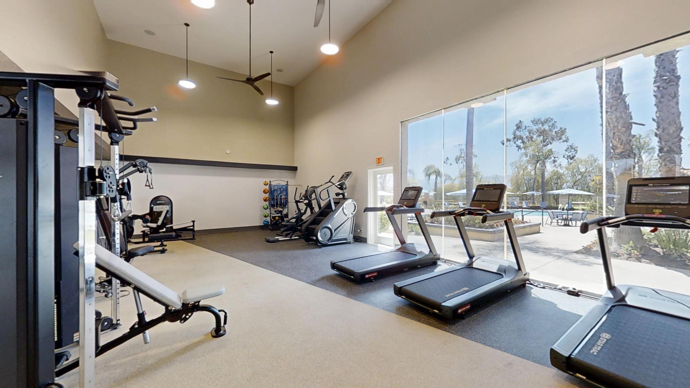 A bright gym area featuring several exercise machines, including treadmills and an elliptical. Large windows provide natural light and a view of a pool area surrounded by palm trees outside. The space is well-equipped and modern, suitable for fitness activities.