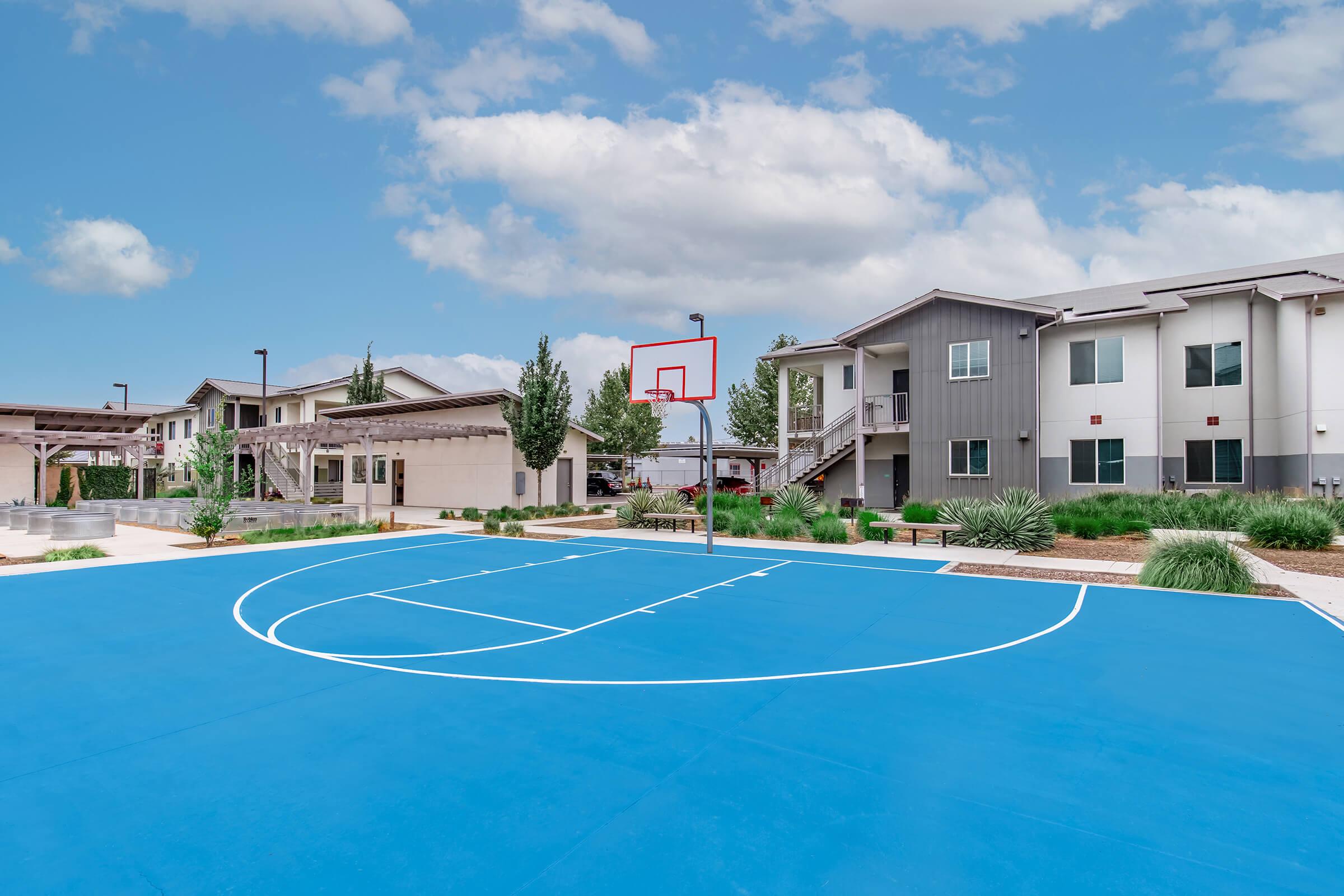 A bright blue basketball court with a single hoop, surrounded by landscaped greenery and modern residential buildings. The sky is partly cloudy, adding to the outdoor setting's inviting atmosphere. A pergola can be seen in the background, enhancing the recreational space.
