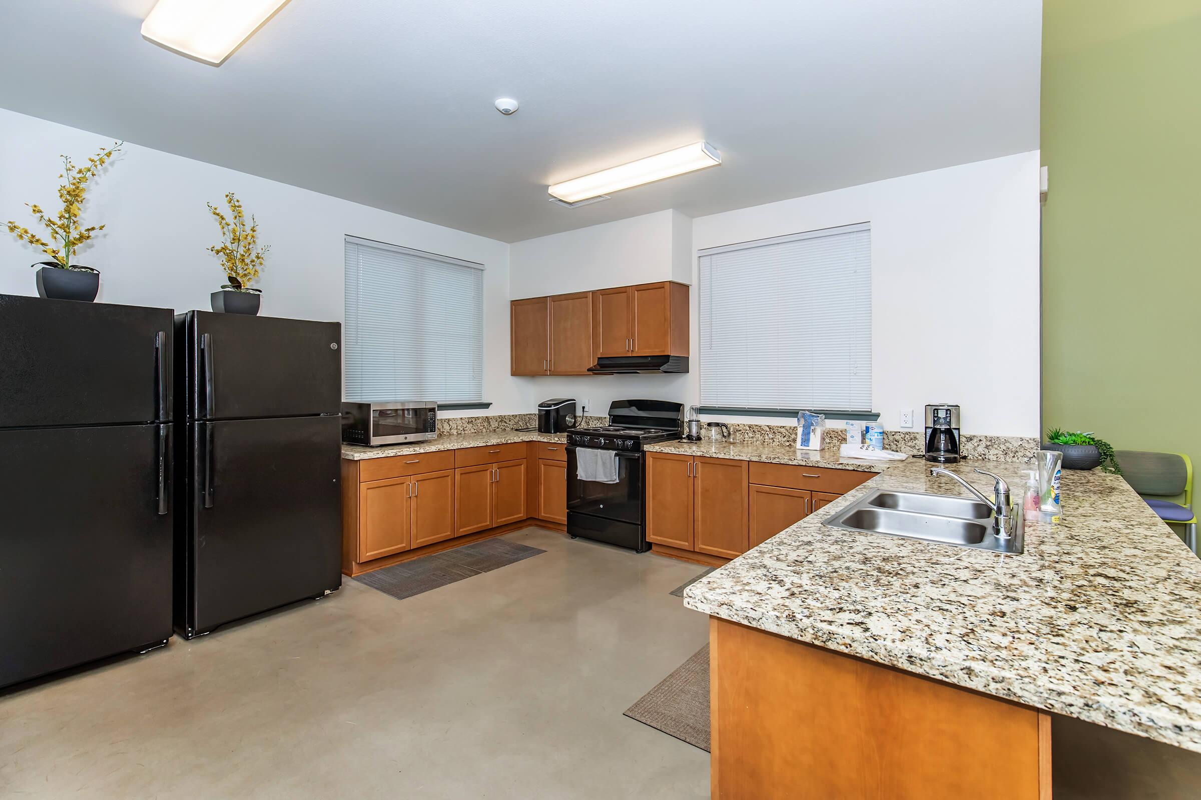 Modern kitchen featuring dark appliances, wooden cabinets, granite countertops, and a double sink. The space includes a refrigerator, microwave, and stove. Natural light enters through windows, with plants in pots adding a touch of decor. A small dining area is visible in the background.