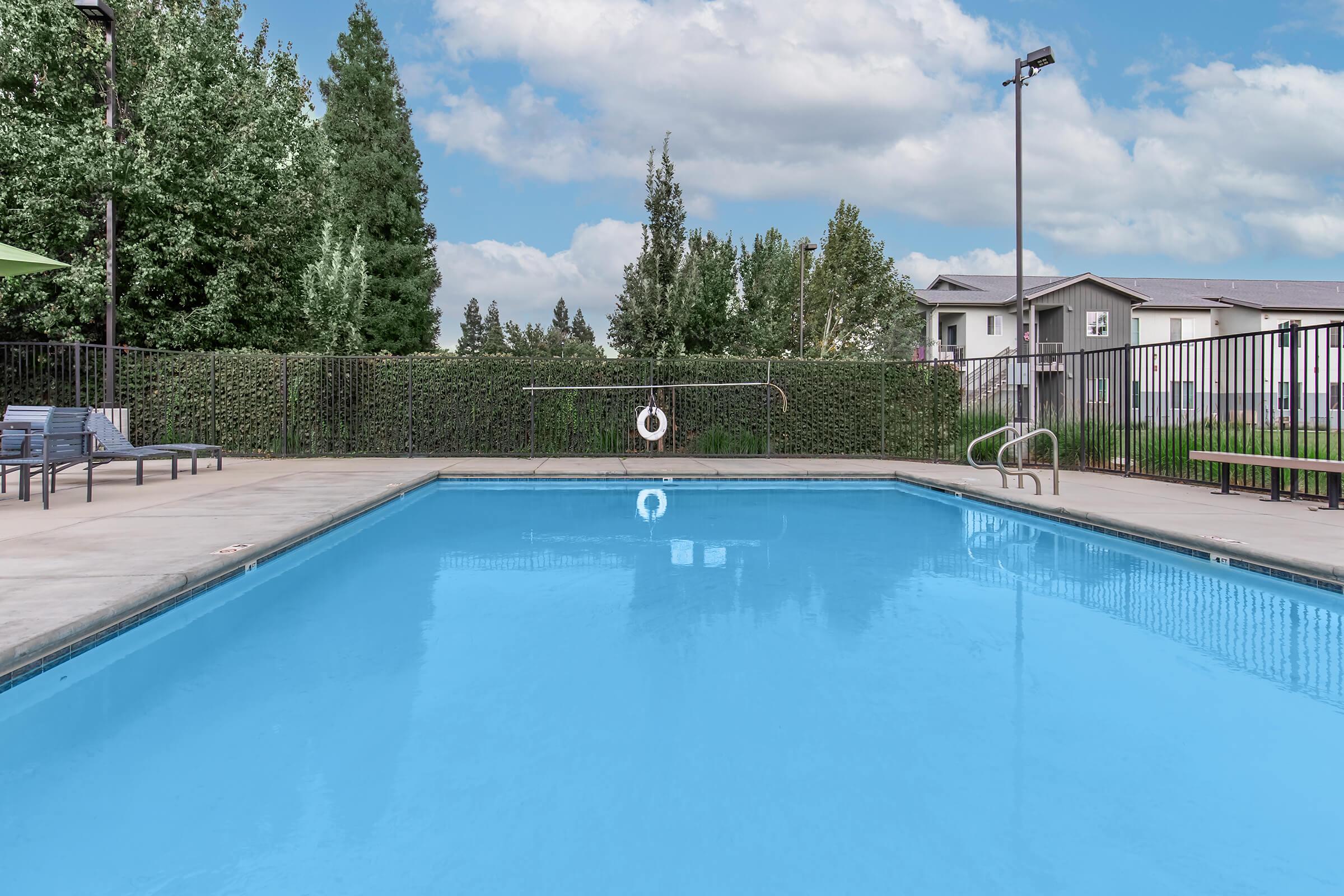 A clear blue swimming pool surrounded by green trees and a hedge, with a lifebuoy hanging on a swing. There are poolside chairs and sun umbrellas, creating a relaxing outdoor atmosphere. The sky is partly cloudy, adding to the serene environment.