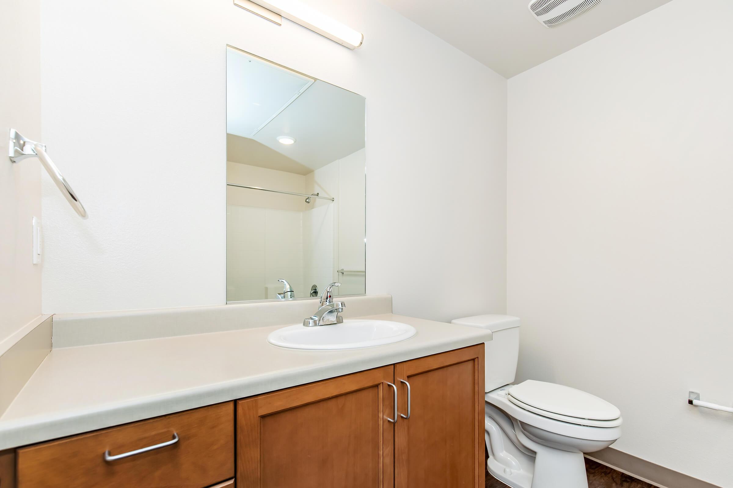 A clean, modern bathroom featuring a white sink with a faucet and a large mirror above it. The cabinetry is wooden with a smooth countertop. To the right, there is a toilet. The shower area is visible in the background with glass doors. The walls and decor are neutral and bright.
