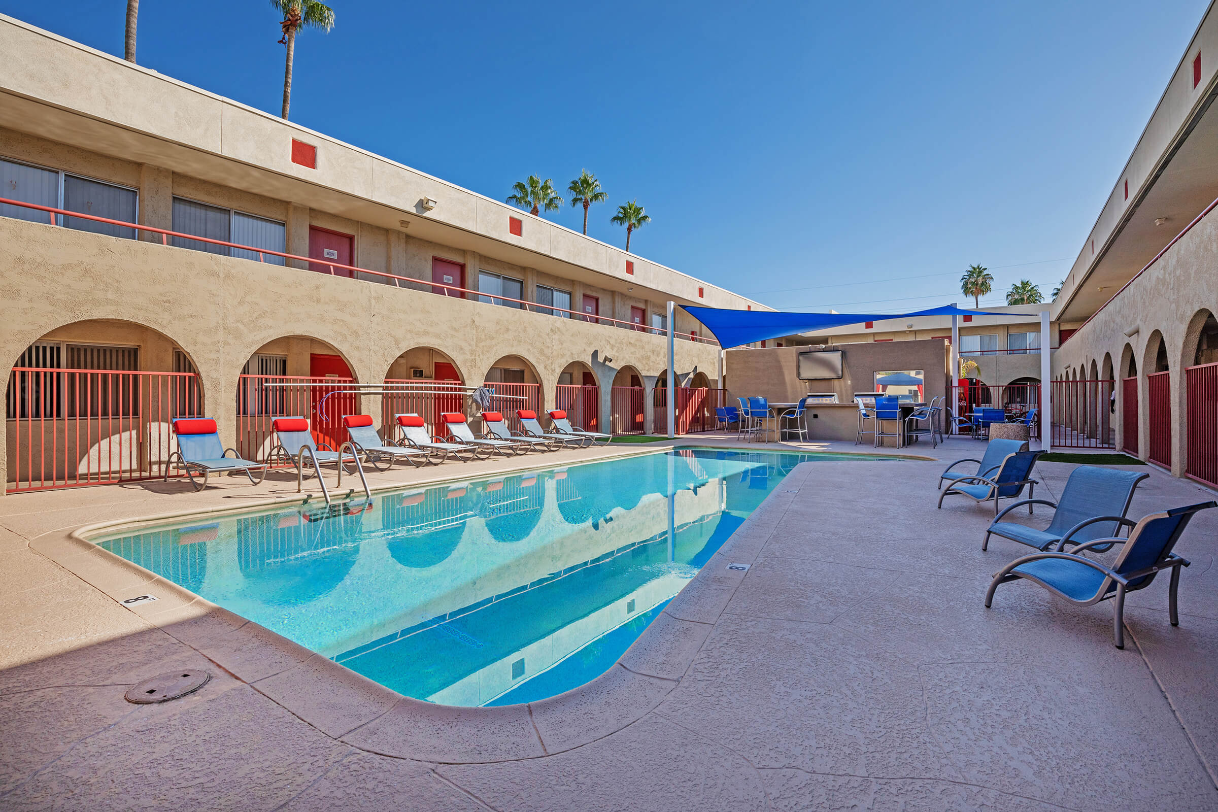 a pool next to a building