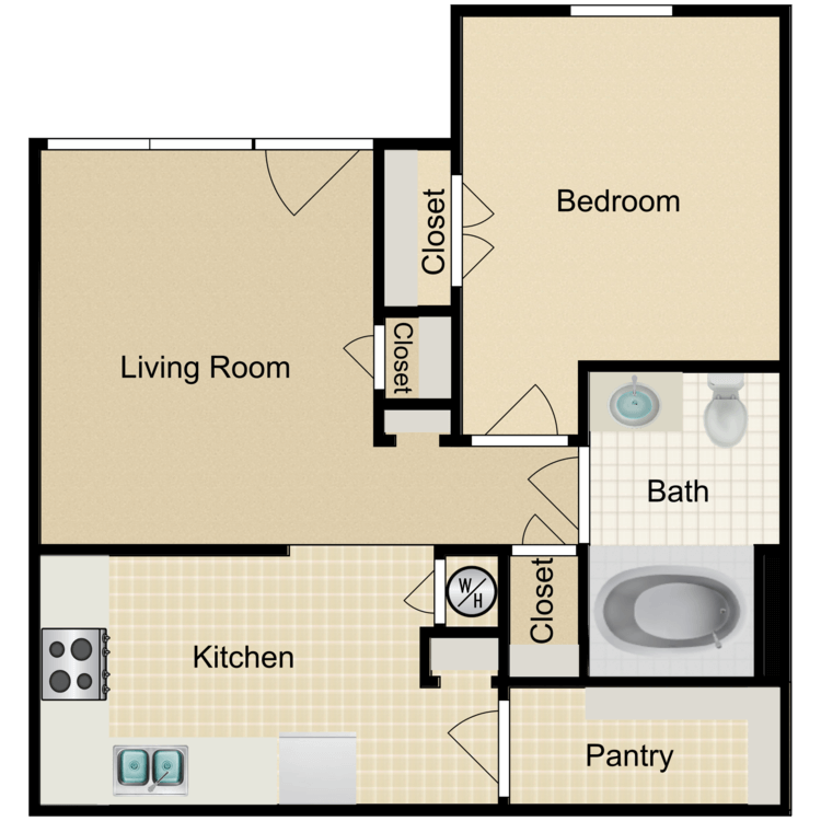 1 Bed 1 Bath floor plan image