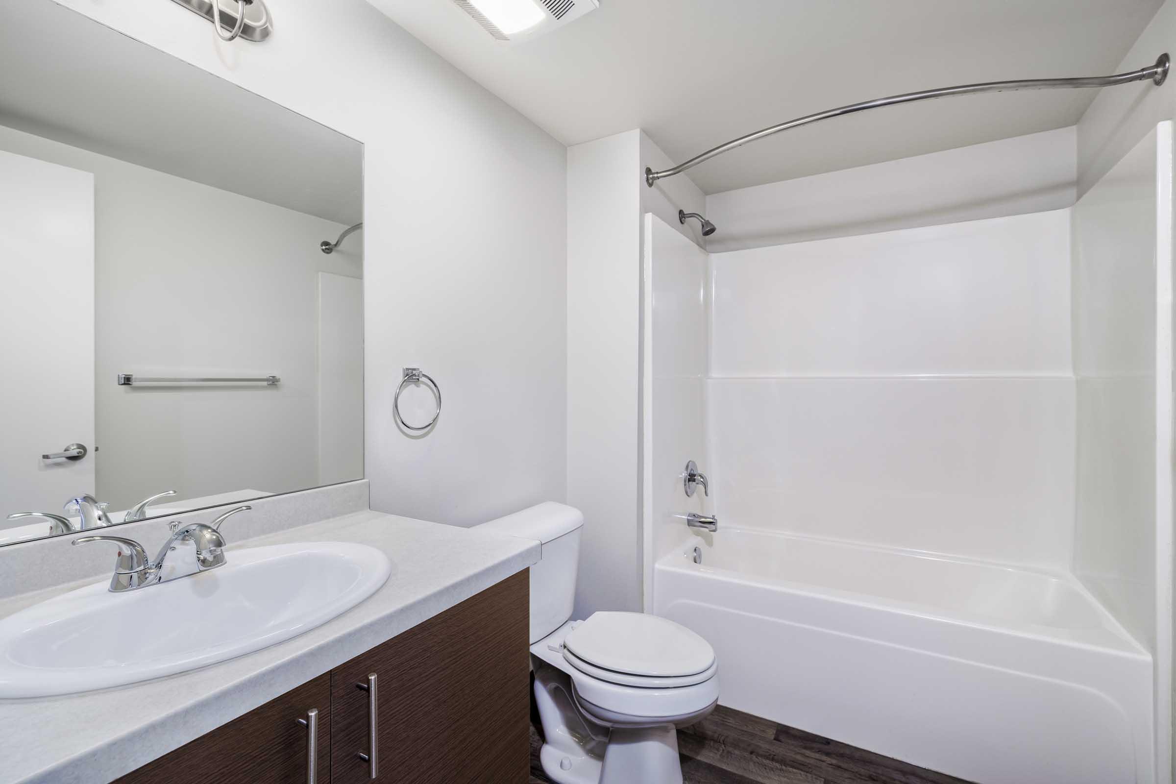 A modern bathroom featuring a white bathtub with a shower, a sink with a mirror above it, and a toilet. The walls are light-colored, and the flooring is a dark wood finish. A towel bar is mounted on the wall, and natural light illuminates the space, creating a clean and spacious appearance.