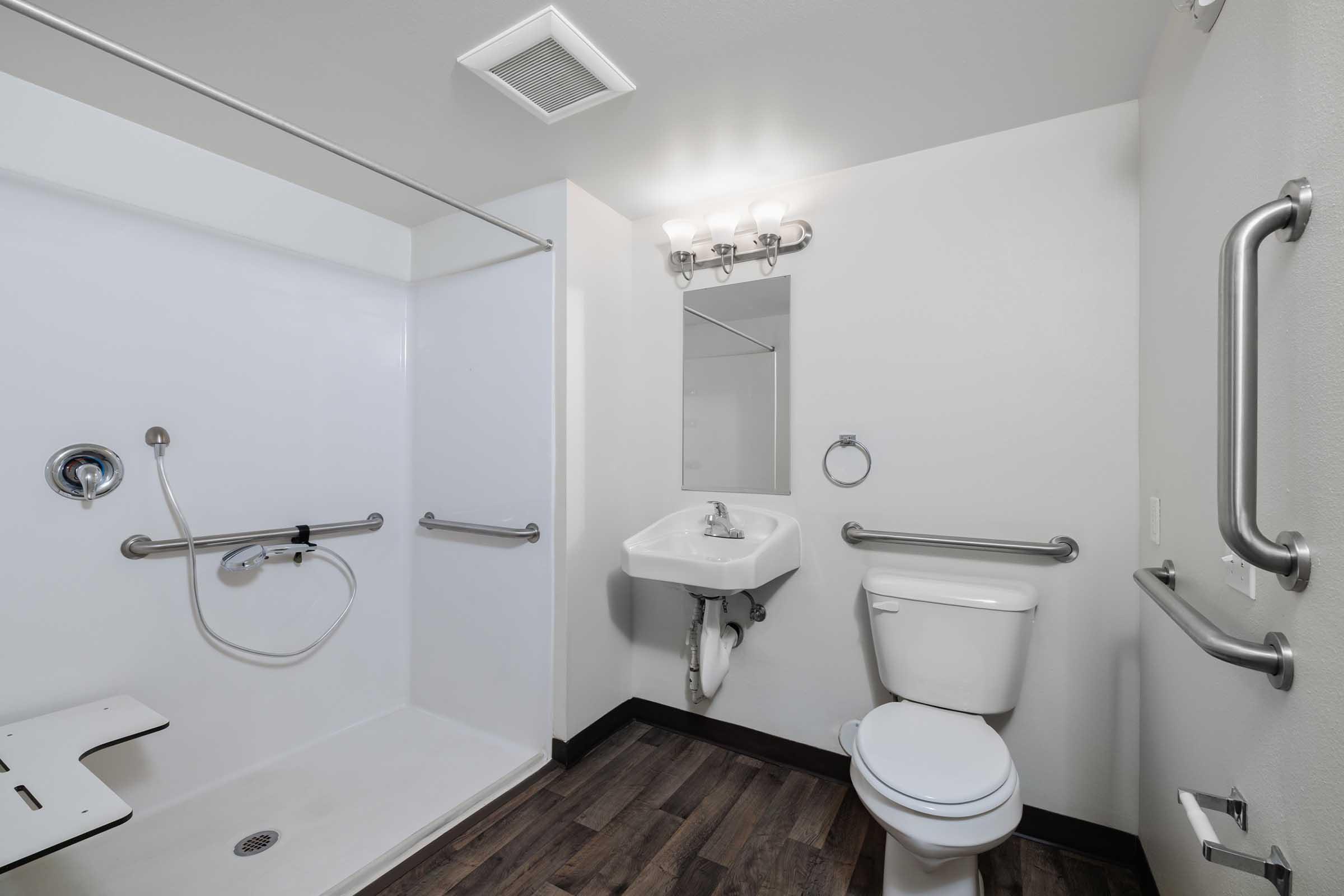 A small, accessible bathroom featuring a walk-in shower with grab bars, a wall-mounted sink, a toilet, and safety features. The walls are painted white with a dark floor, and there is a mirror above the sink, along with bright overhead lighting.