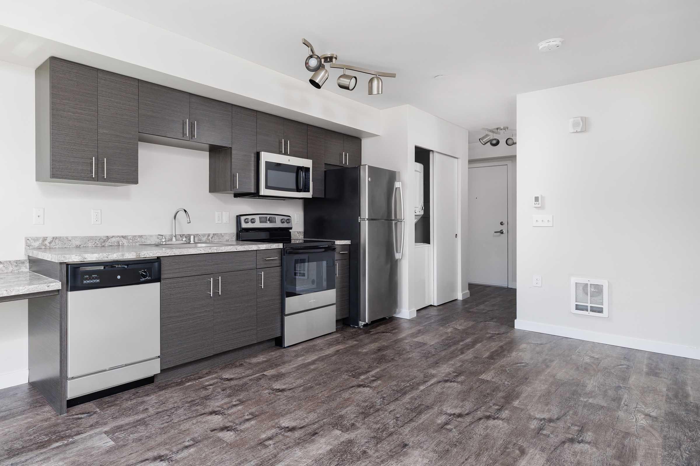 A modern kitchen featuring dark wooden cabinets, stainless steel appliances including a microwave, oven, and dishwasher. The countertop is gray granite, and the flooring is a light wood-like laminate. There is an entrance door visible on the right side.