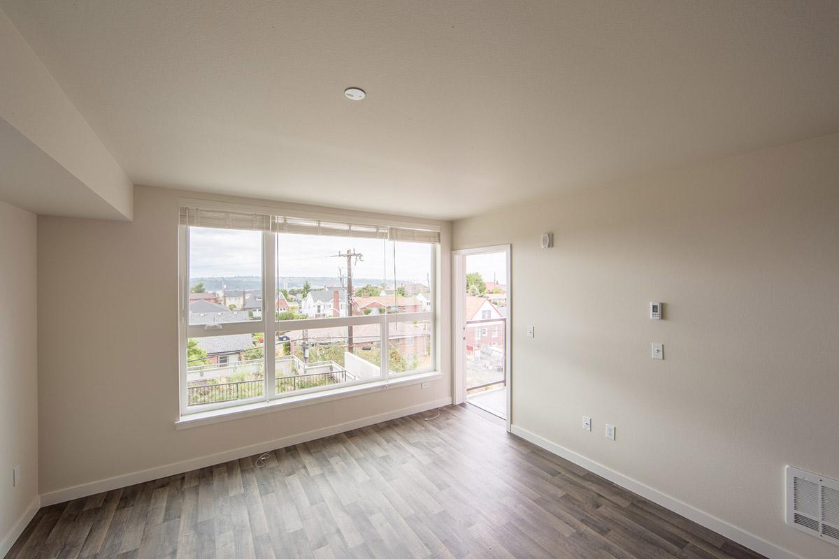 a kitchen with a large window