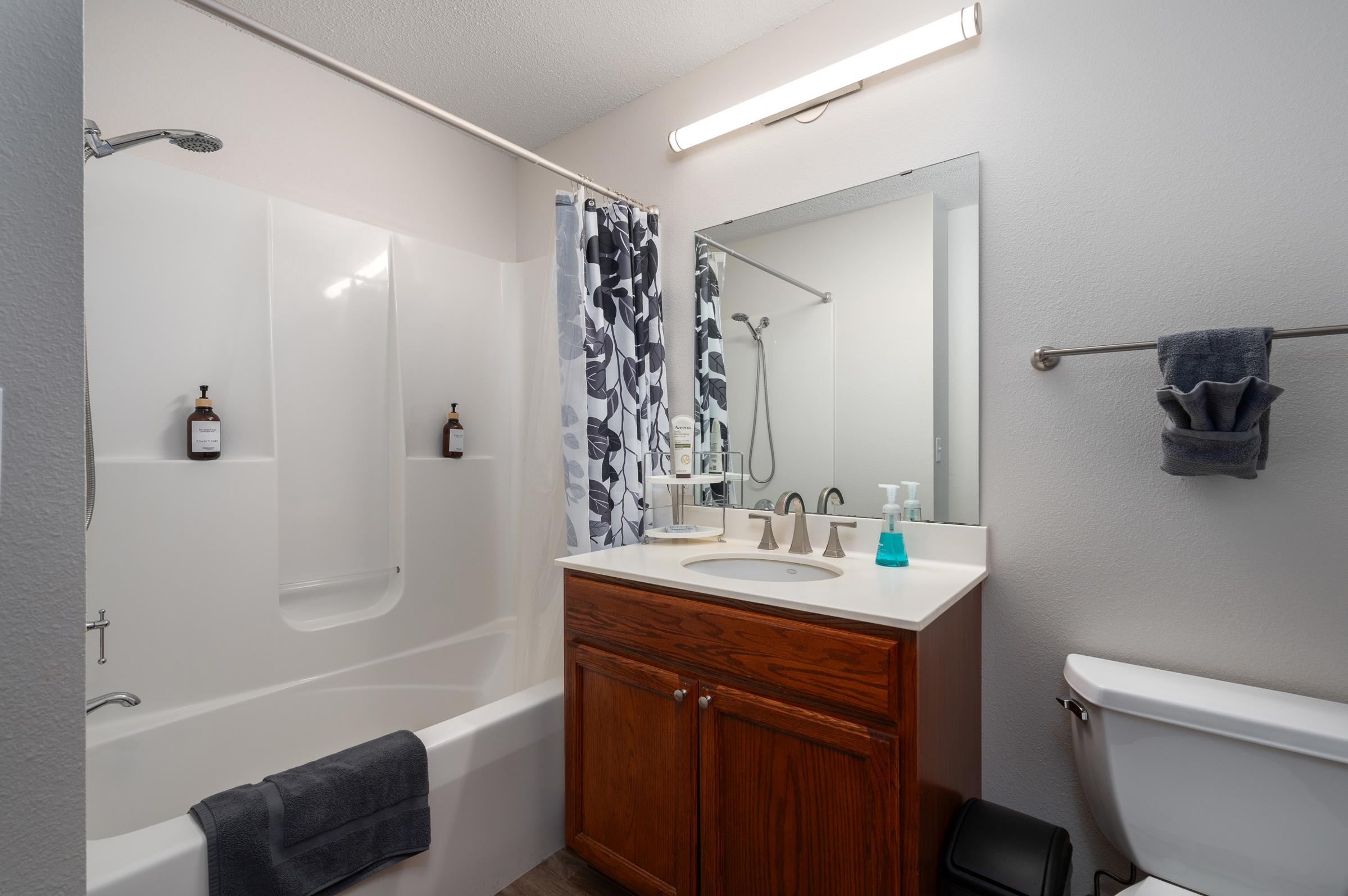 A modern bathroom featuring a white bathtub with a shower curtain, a wooden vanity with a sink, a mirror above the sink, and a toilet. The room is illuminated by overhead lighting and has decorative elements like a dark shower curtain and soap dispenser on the counter.