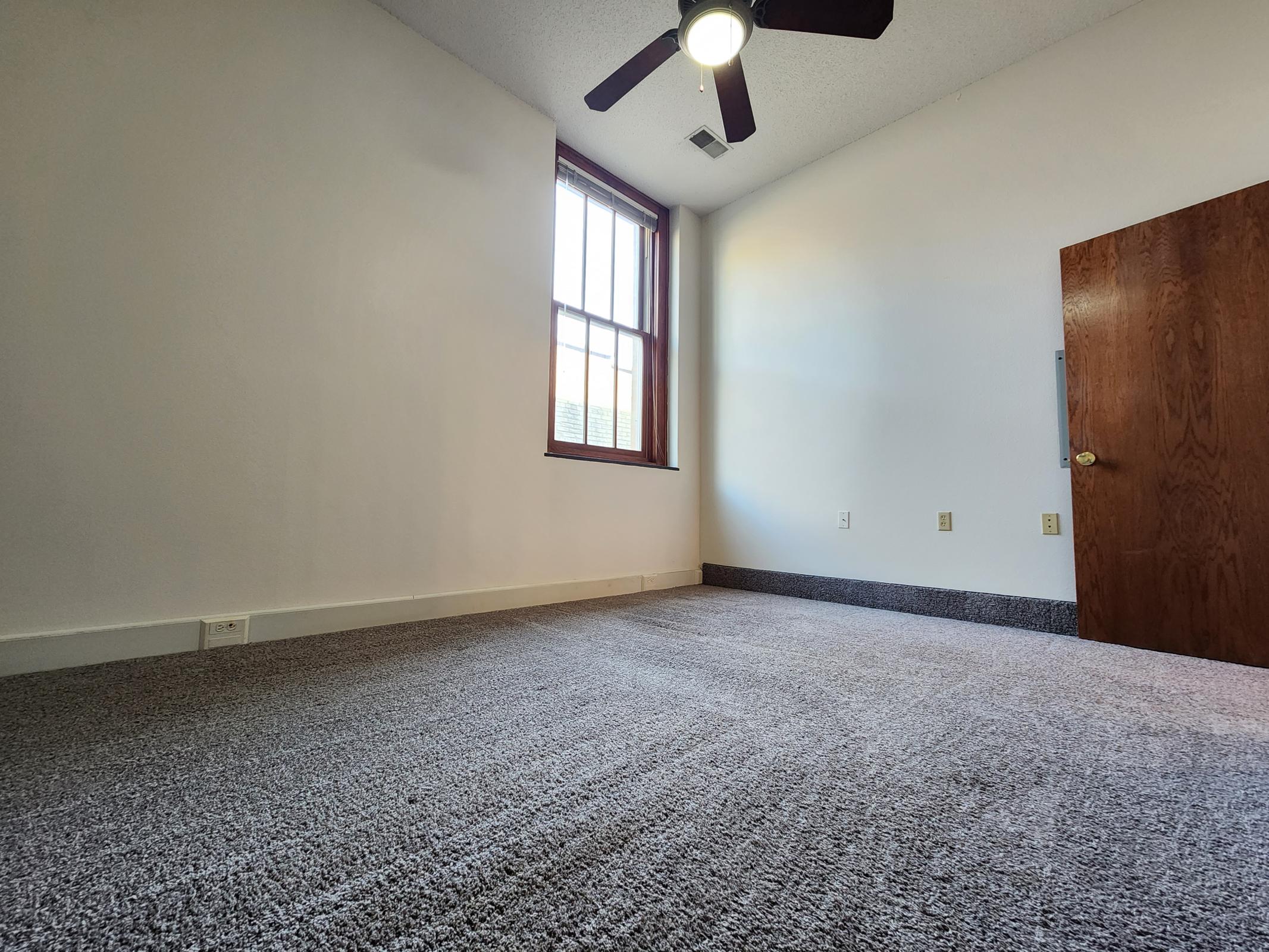 A minimalist room with a light-colored carpet, a large window letting in natural light, and a ceiling fan. There is a wooden door on the right side of the image. The walls are plain and bright, and the space appears empty and ready for furnishings.