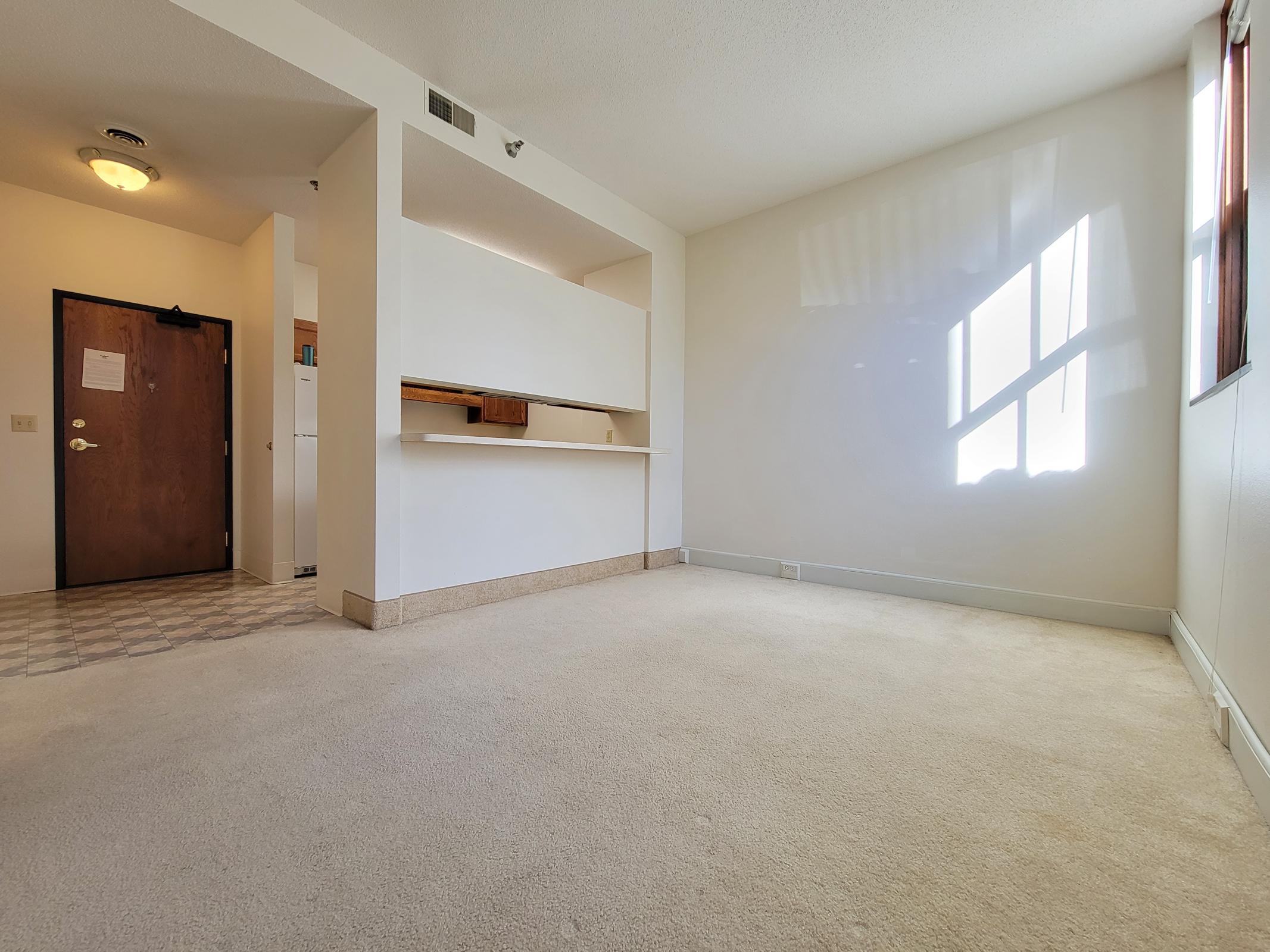 A spacious, empty room with cream-colored carpet and bright natural light coming through the window. There is a small kitchenette area visible in the background, with a white refrigerator, and a wooden counter separating it from the living space. The walls are plain white, creating a clean, minimalist aesthetic.