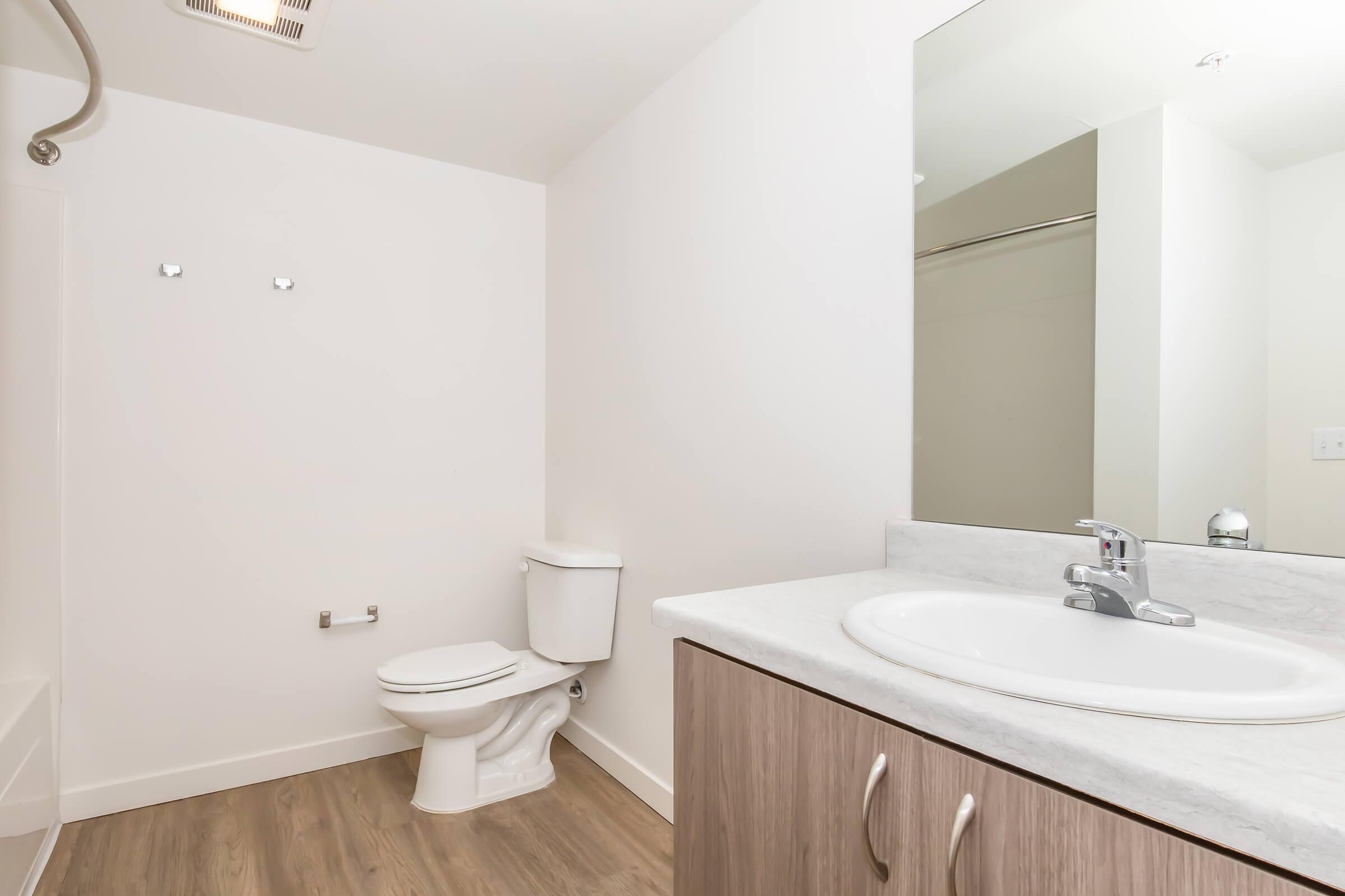 A clean, modern bathroom featuring a toilet, a sink with a marble countertop, and a mirror. The walls are white, and there is a light-colored wood floor. A shower area is visible in the corner, with minimal décor and bright lighting for an open, spacious feel.