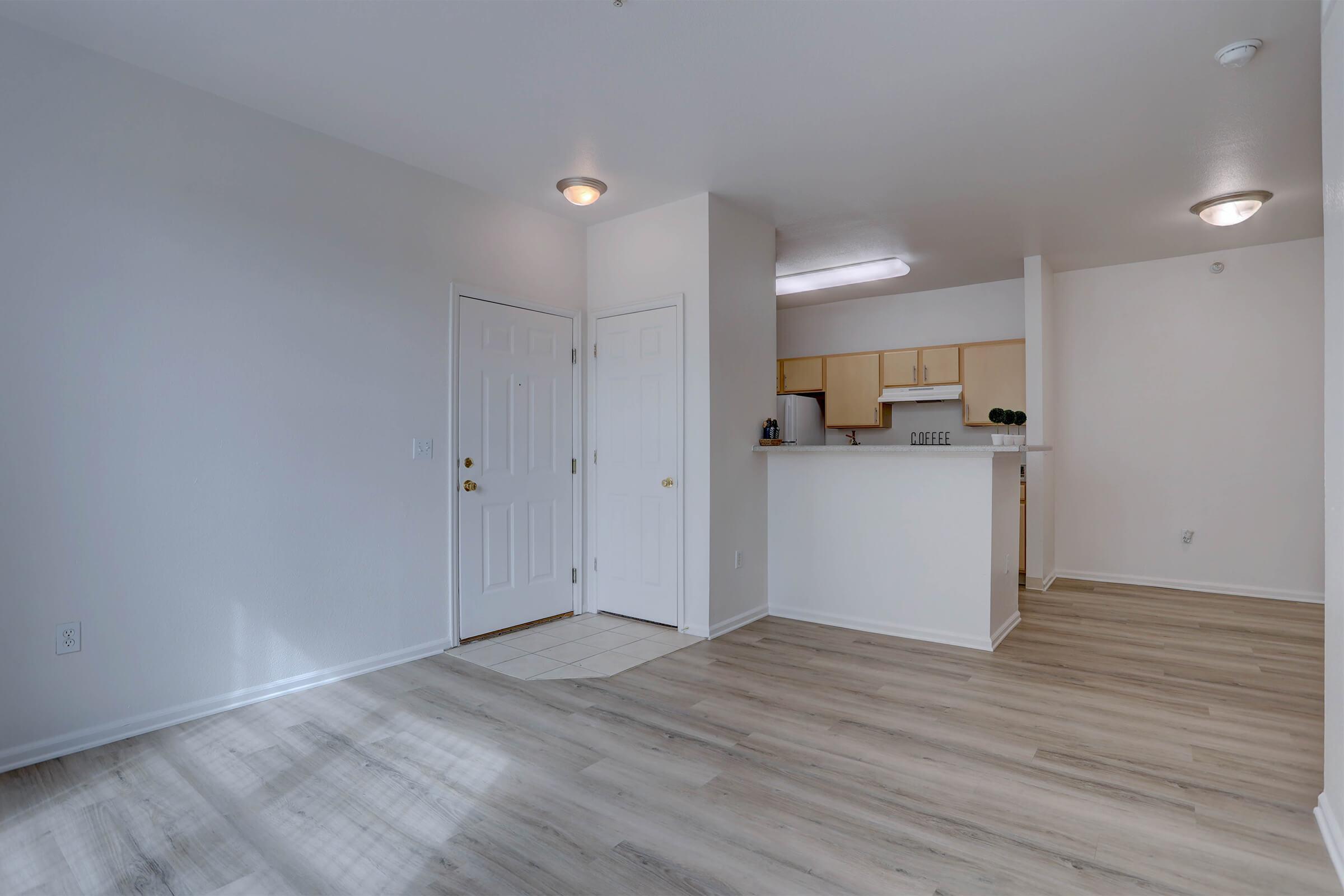 A well-lit, empty living space featuring light-colored walls and laminate flooring. To the left, there is a double-door entrance. In the background, a kitchen area with light wood cabinetry is visible, along with a small counter. Natural light coming through a window casts soft shadows on the floor.