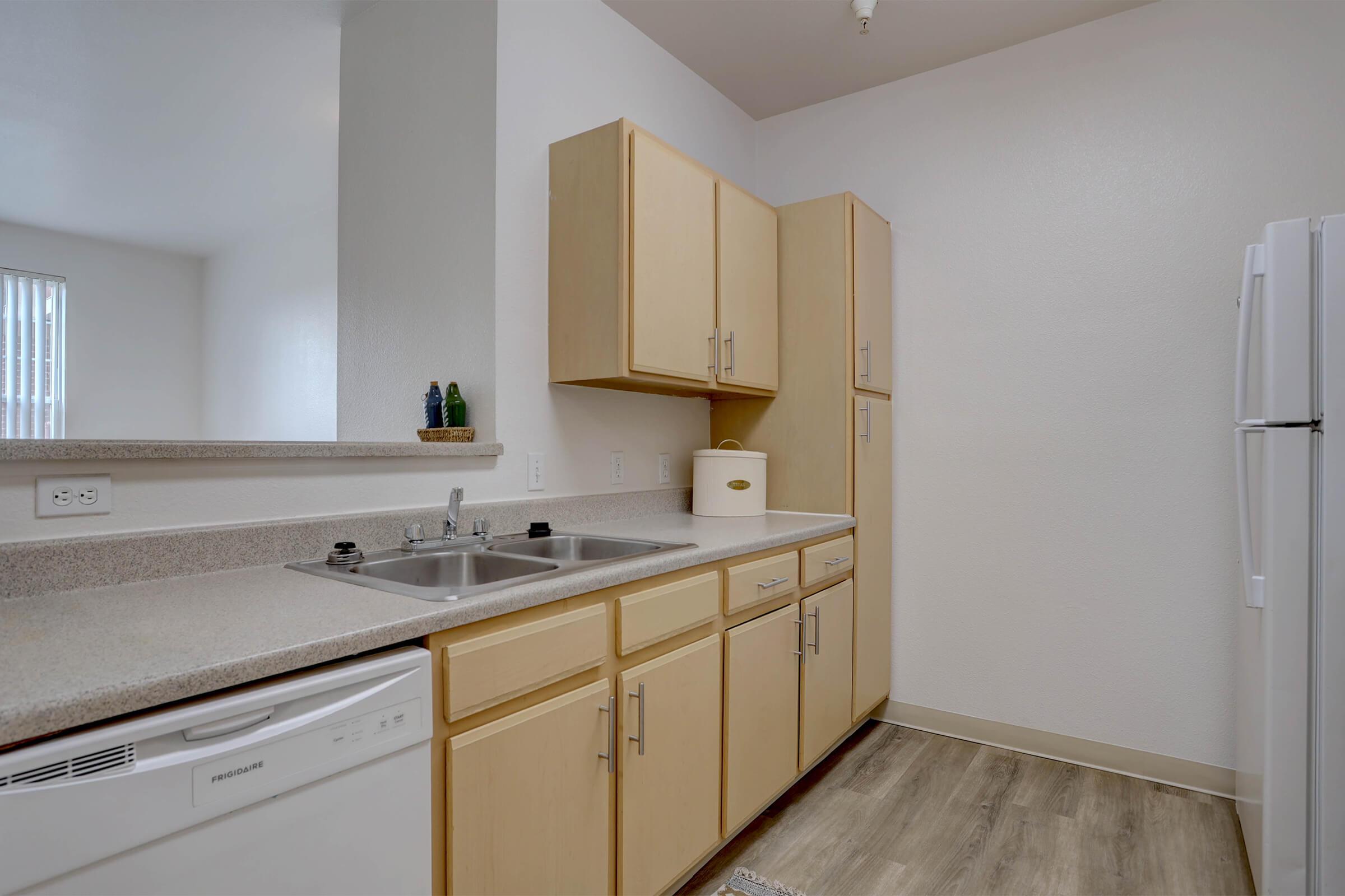 A modern kitchen featuring light-colored wooden cabinets, a double sink, and a white refrigerator. The countertop is made of a light material, and there’s a small white bowl and decorative plants on the counter. Natural light fills the space from a nearby window.