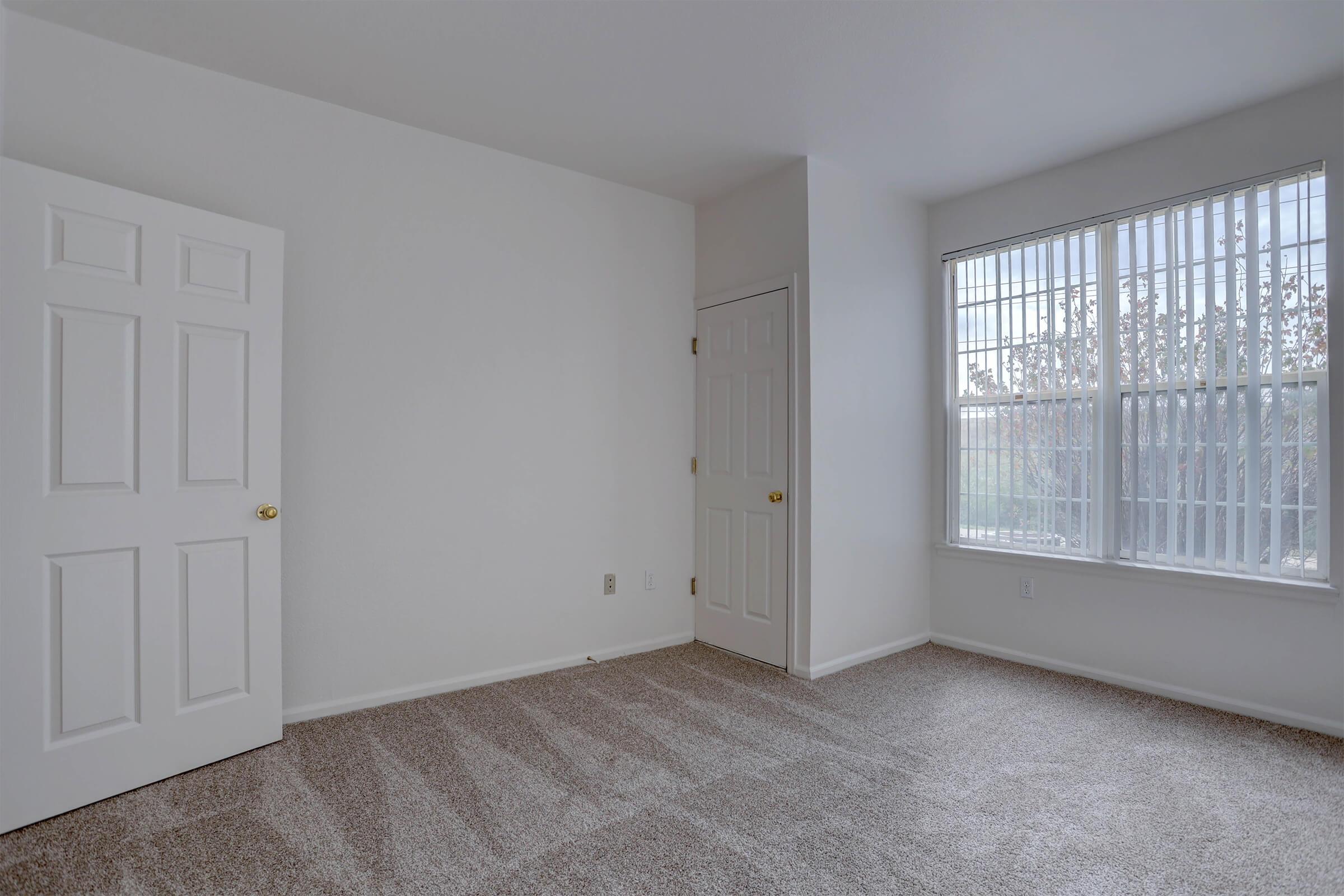 Empty room with light gray carpet, white walls, and two closed doors. One door is visible on the left, while the other is partially seen on the right. A window with vertical blinds allows natural light to enter, illuminating the space. The room appears spacious and tidy, suitable for various uses.