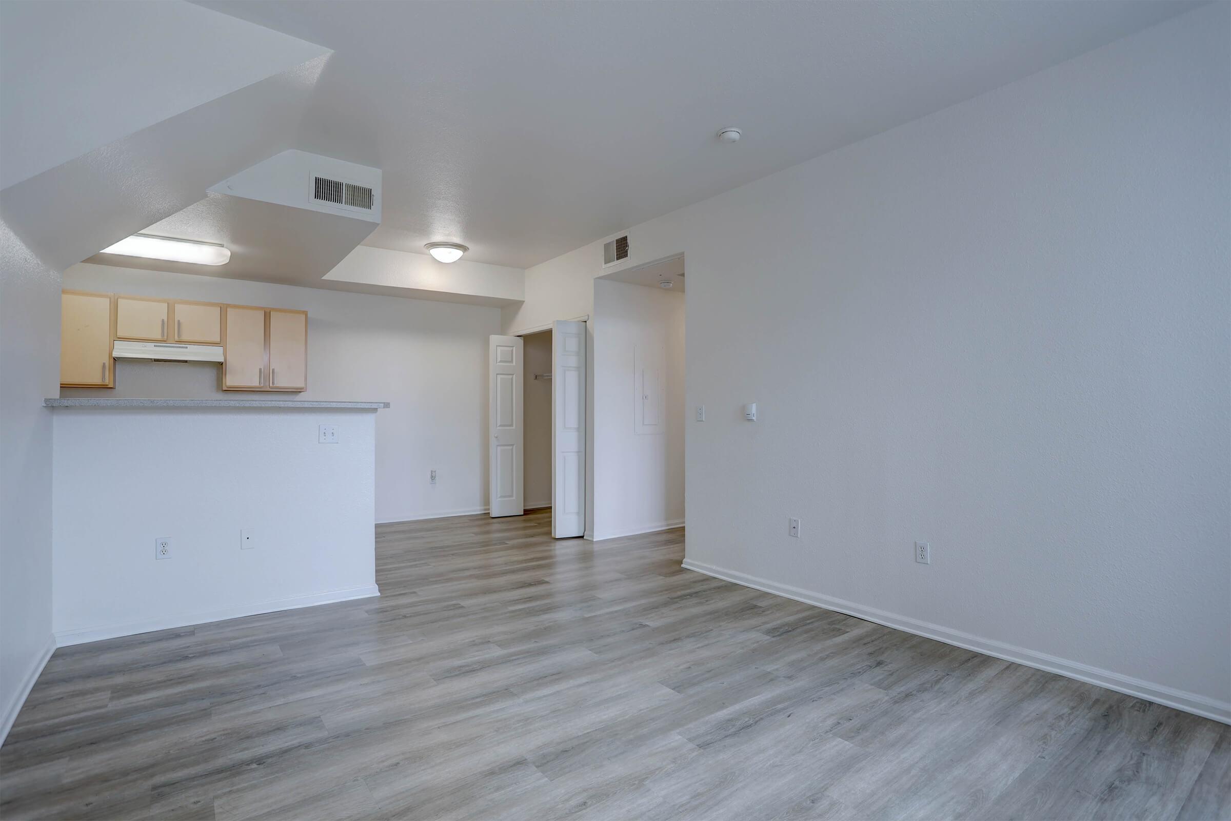 Spacious, empty apartment interior featuring light hardwood flooring, bright walls, and a small kitchenette with wooden cabinets. A doorway leads to an adjacent room, and natural light fills the space.