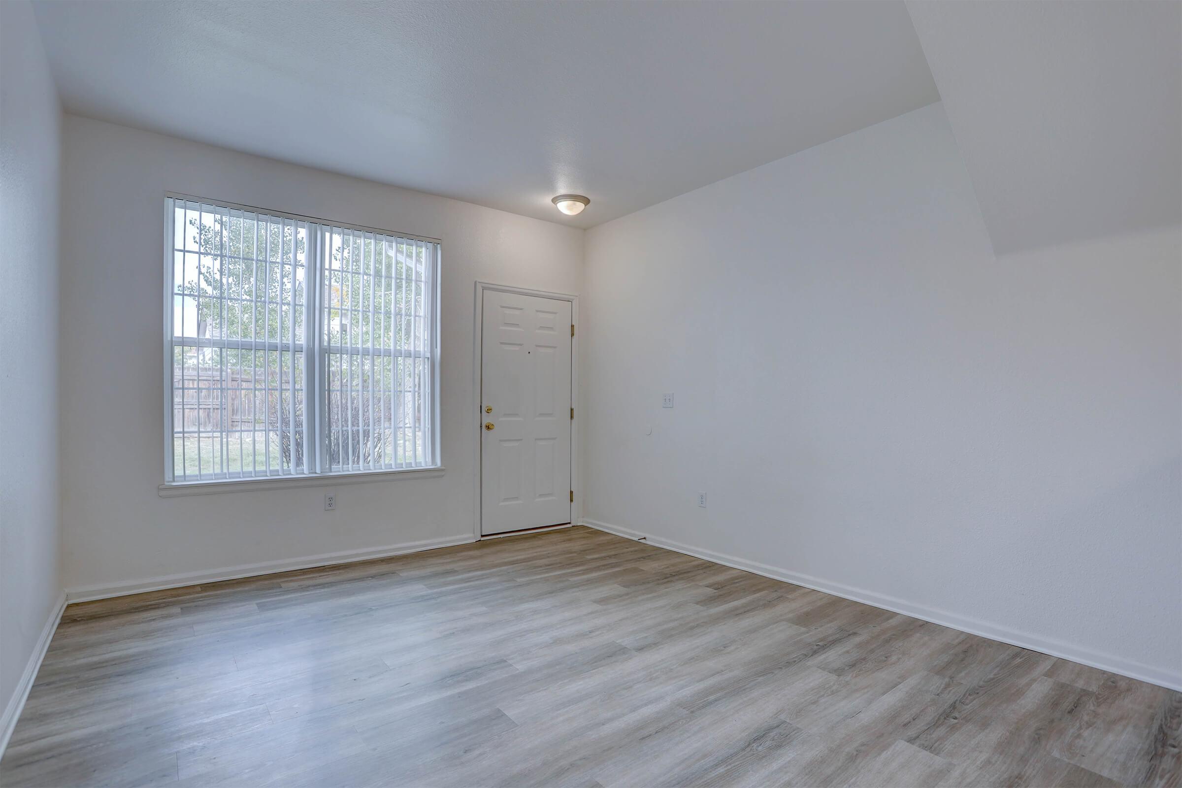 Empty room with light-colored walls, large window allowing natural light, and a front door visible. The floor is made of light wood or laminate. The space has a clean, minimalist aesthetic, making it suitable for various uses like living or office space.
