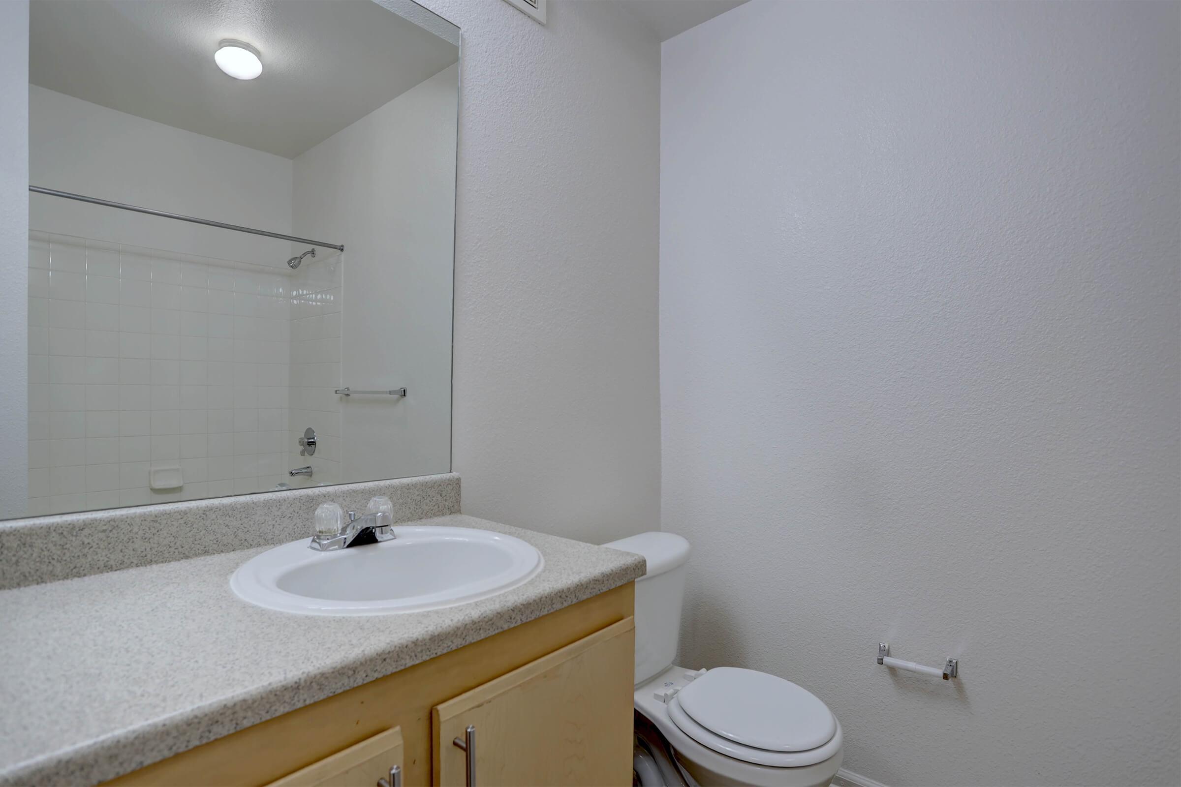 A clean, small bathroom featuring a white toilet, a sink with a chrome faucet, and a large mirror above the sink. The walls are painted a light color, and there is a glass shower enclosure visible in the background. The countertop is made of light-colored granite.