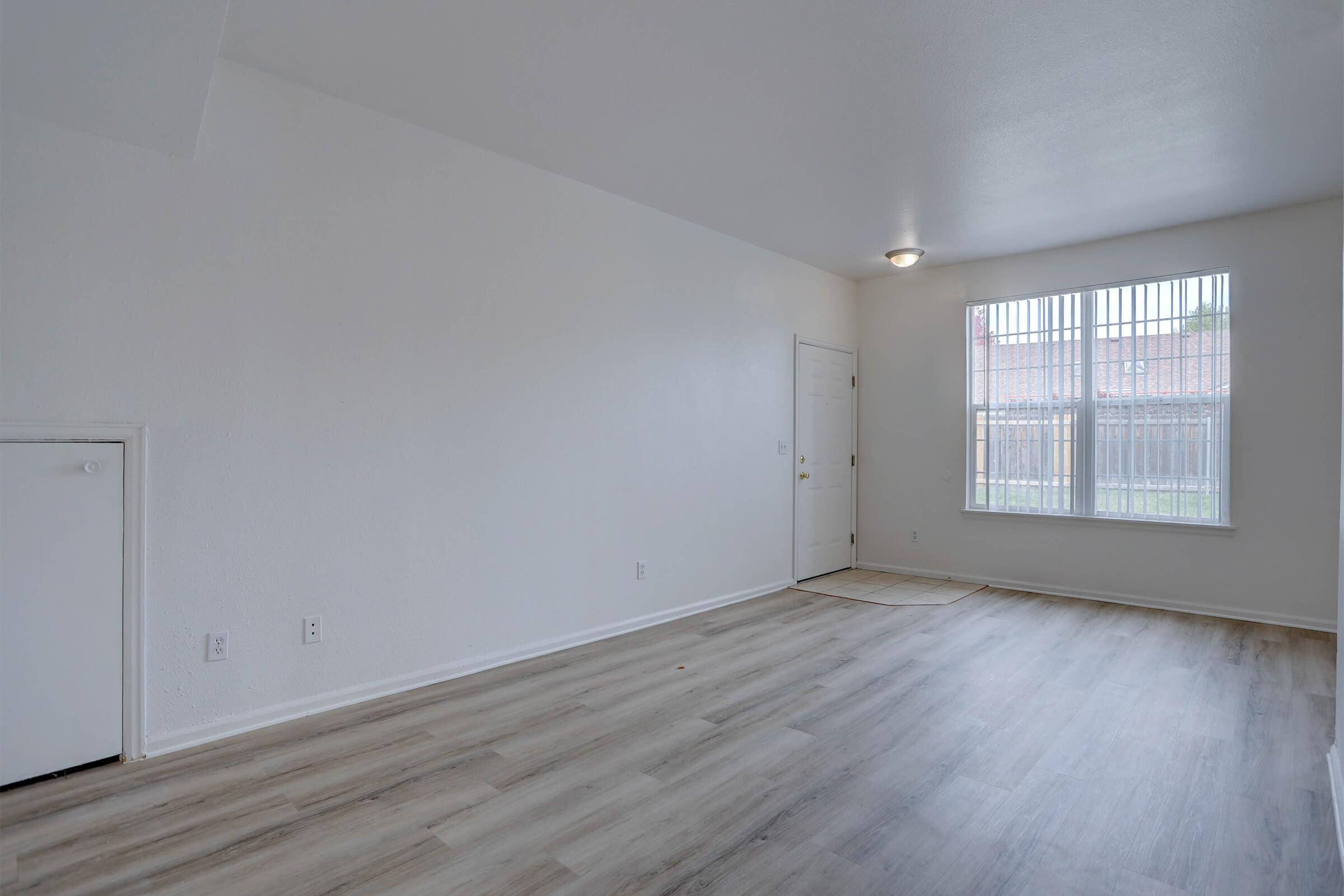 Spacious, empty living room with light-colored walls and a large window letting in natural light. The floor is a light wood laminate, and a door leads outside. A small closet is visible on the left side. The room has a clean, modern aesthetic, suitable for various furniture arrangements.
