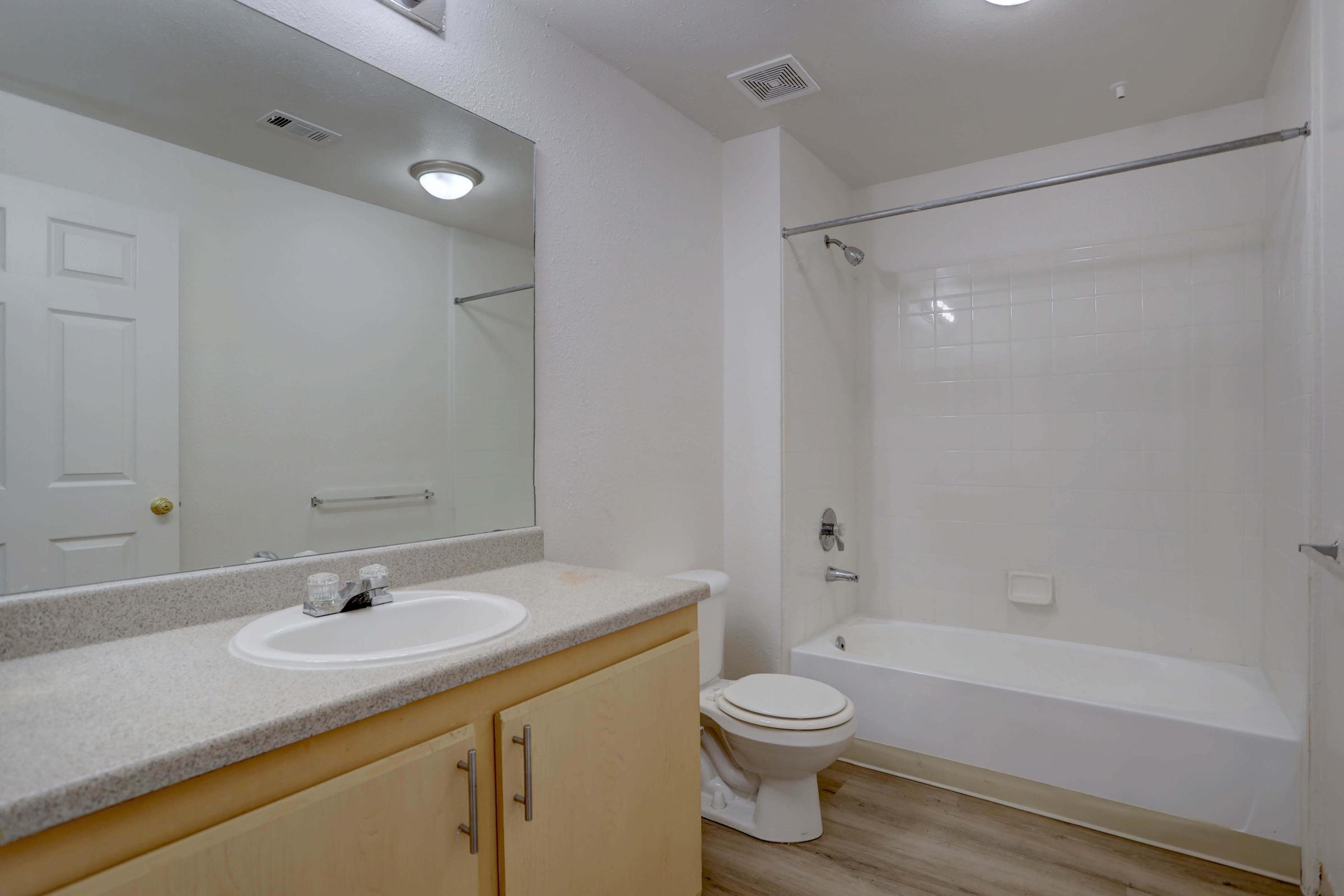 A clean, modern bathroom featuring a white bathtub with a shower, a countertop sink with a mirror, and a toilet. The walls are neutral-colored, and the flooring appears to be wood. The space is well-lit with overhead lighting.