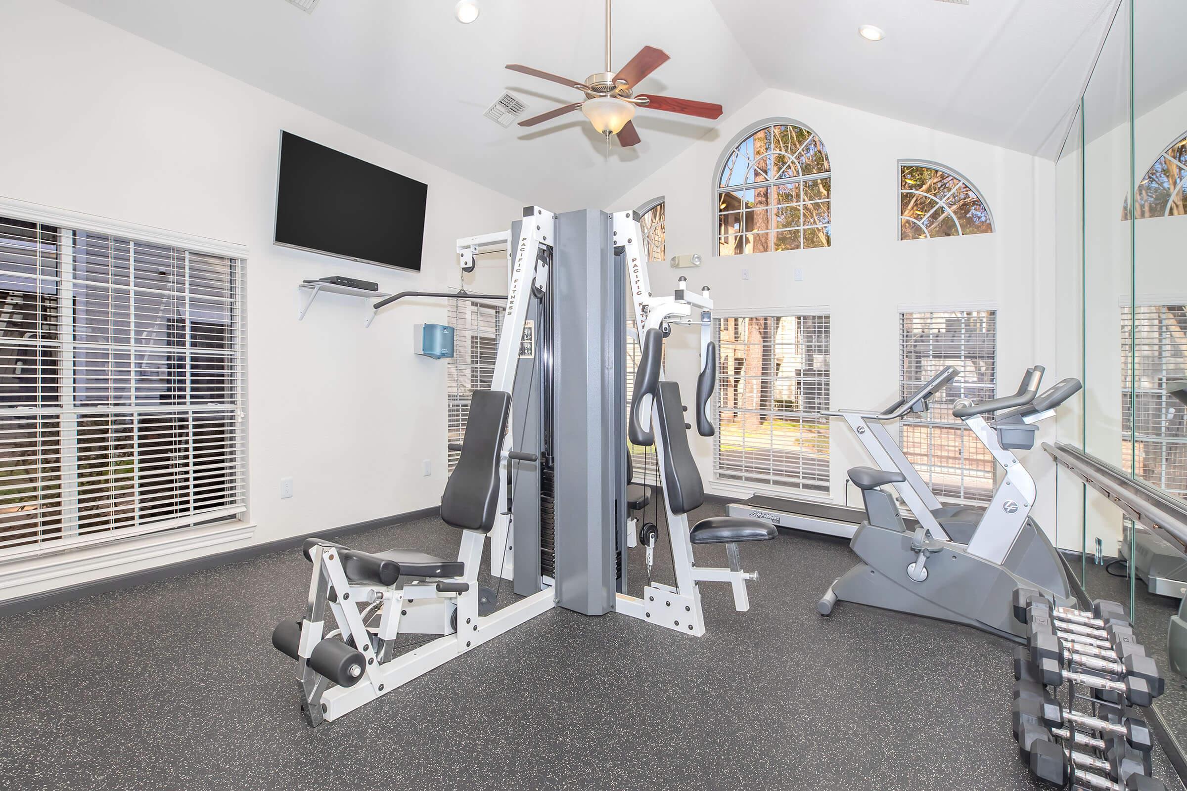 A modern gym interior featuring exercise equipment, including a multi-gym machine, cardio machine, and free weights. Large windows provide natural light, and a ceiling fan helps with ventilation. A flat-screen TV is mounted on the wall, enhancing the workout environment.