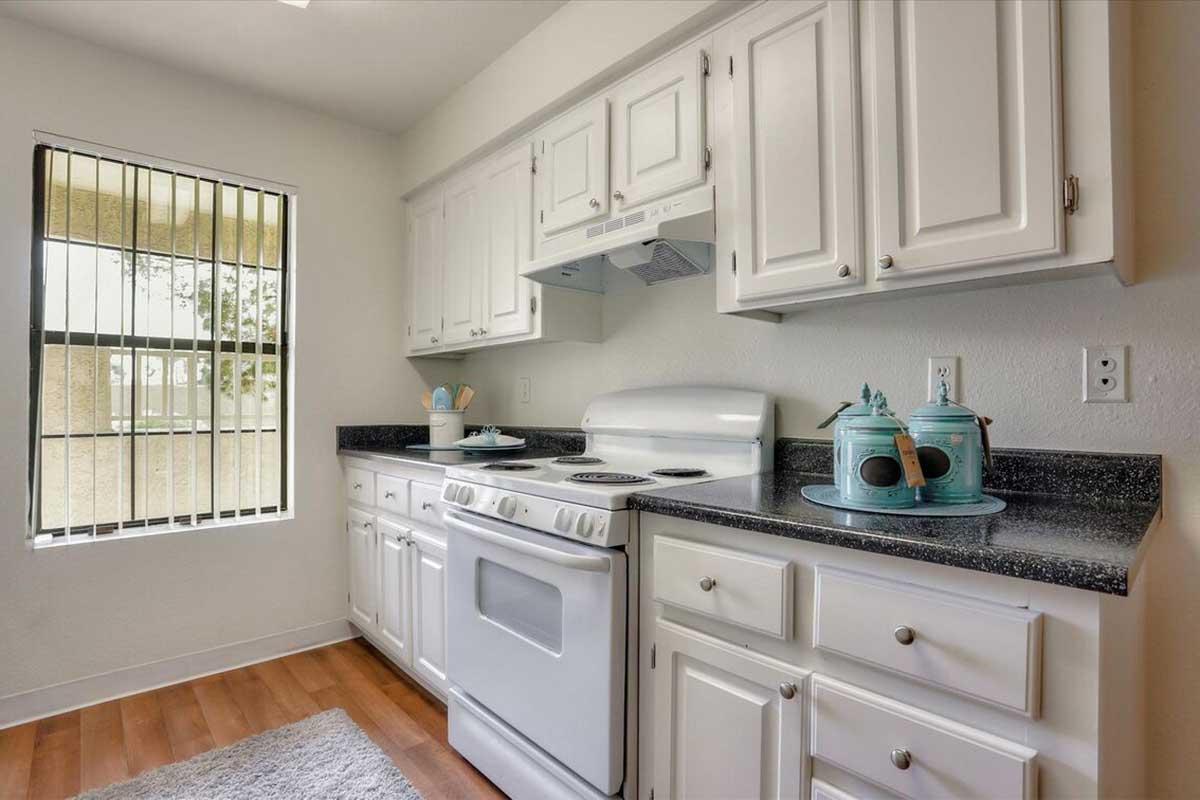 Bright kitchen with white cabinetry and appliances, featuring a black countertop. A stove and hood are placed against the wall, and a window with vertical blinds allows natural light to enter. Decorative items, including teal canisters, are arranged on the countertop. Wood flooring complements the overall design.