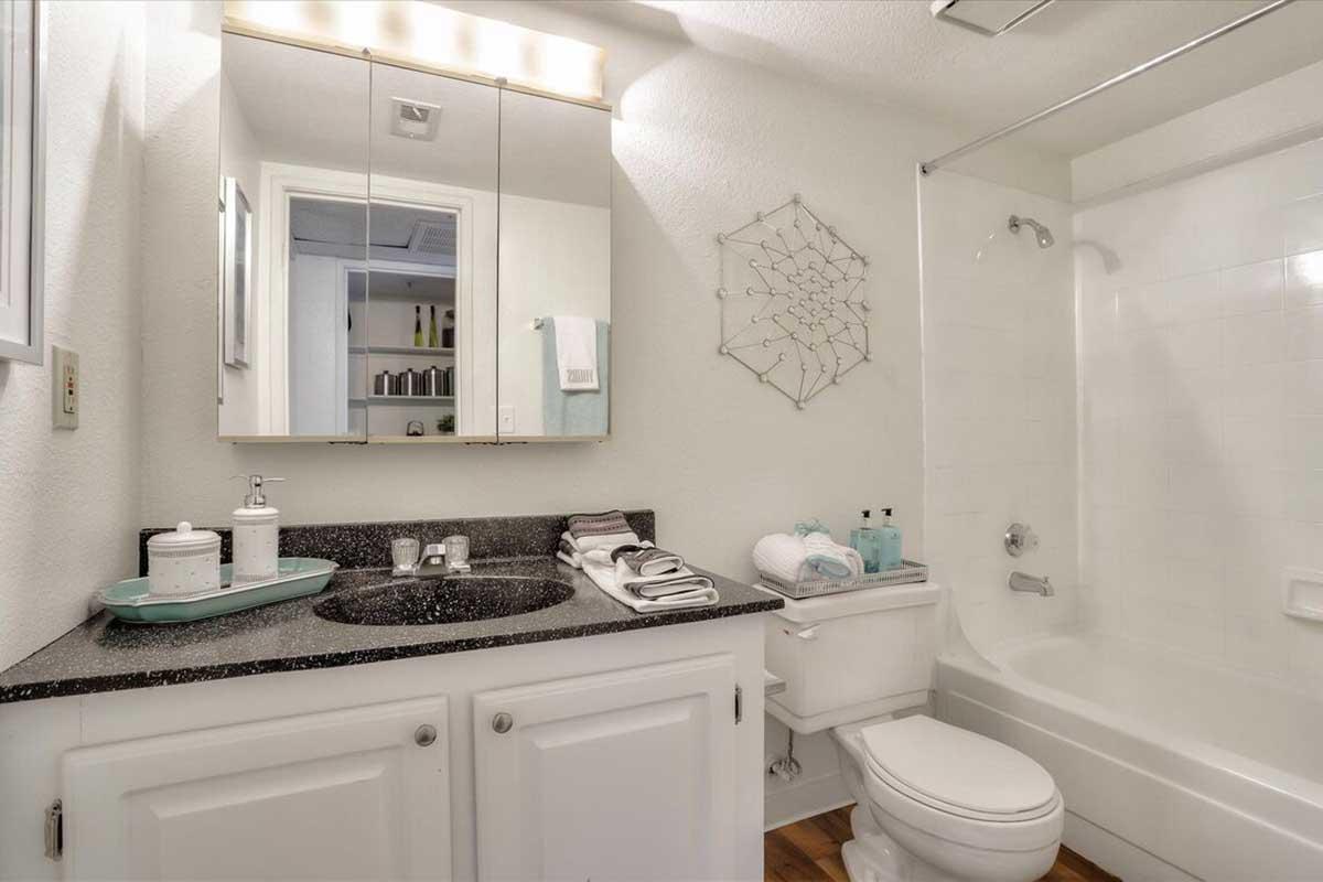 A modern bathroom featuring a white bathtub with a shower, a dark countertop with toiletries, and a large mirror above the sink. Soft towels are neatly arranged, and light-colored walls create a bright ambiance. A decorative wall piece adds a stylish touch to the space.