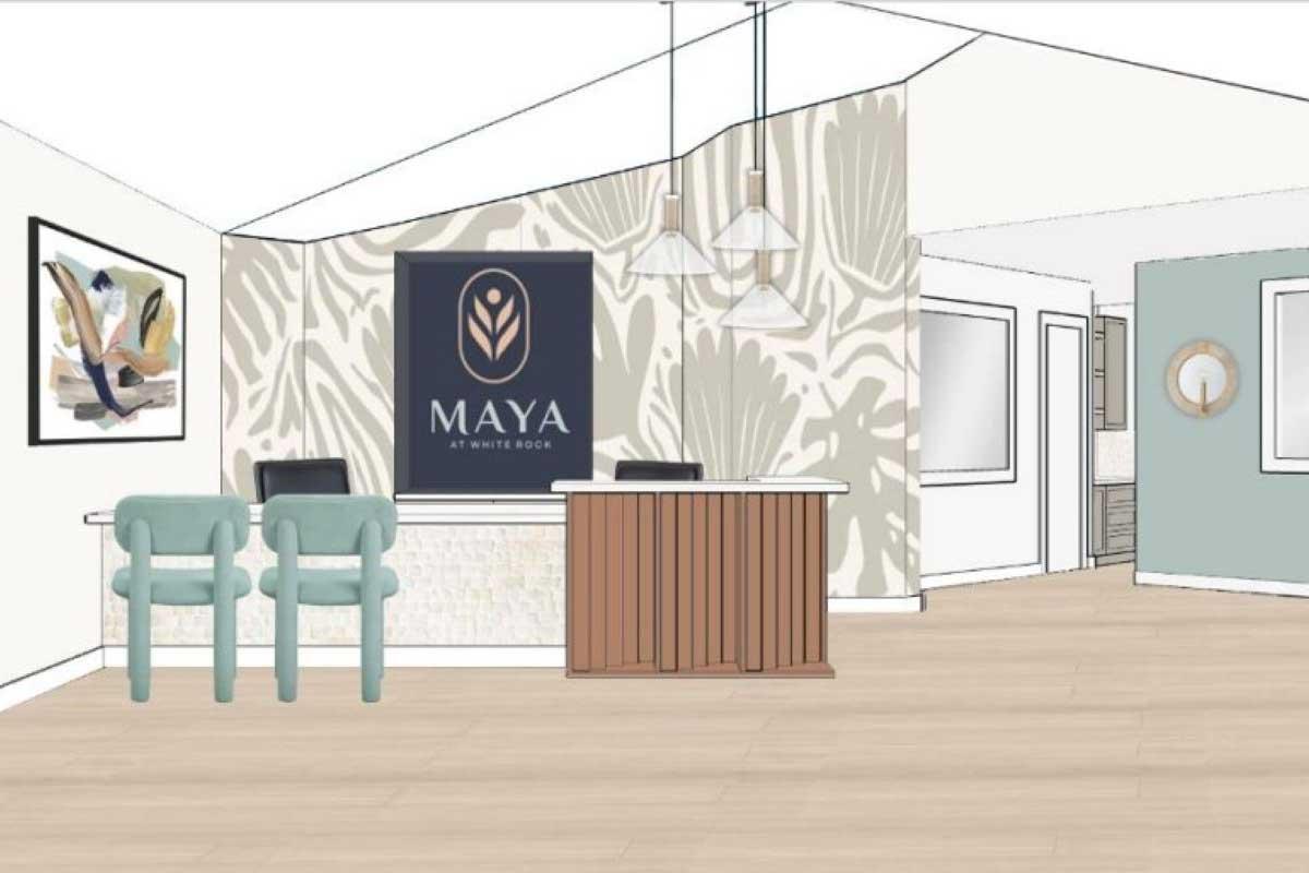 Interior design of a modern reception area featuring a wooden reception desk with a logo for "MAYA," two light blue chairs, decorative wall art, a patterned accent wall, and neutral flooring. The space has large windows and a bright, welcoming atmosphere.