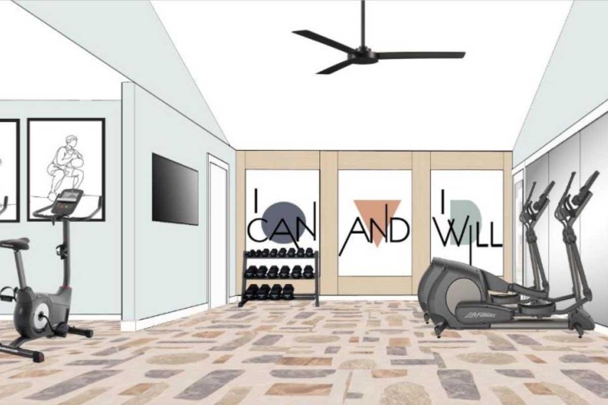 A modern home gym featuring exercise equipment including a stationary bike, ellipticals, and a rack of dumbbells. The walls are decorated with motivational phrases "I CAN AND I WILL," and the room has a large fan on the ceiling, with a sleek, minimalist design and stone-patterned flooring.