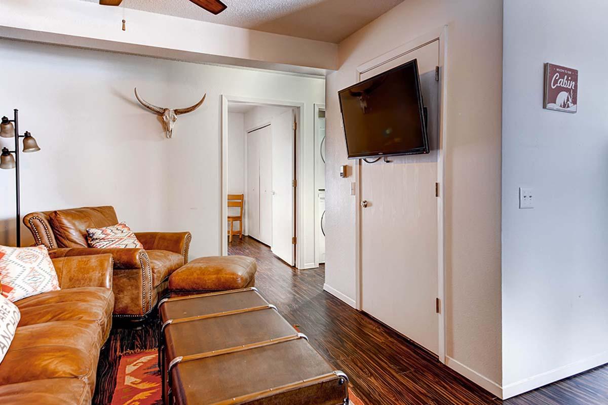 Cozy living room featuring a brown leather sofa, decorative pillows, and an accent chair. A large metal coffee table sits in front of the sofa. A television is mounted on the wall, and there are doors leading to other rooms. A decorative sign and a horned animal skull add rustic touches to the decor.